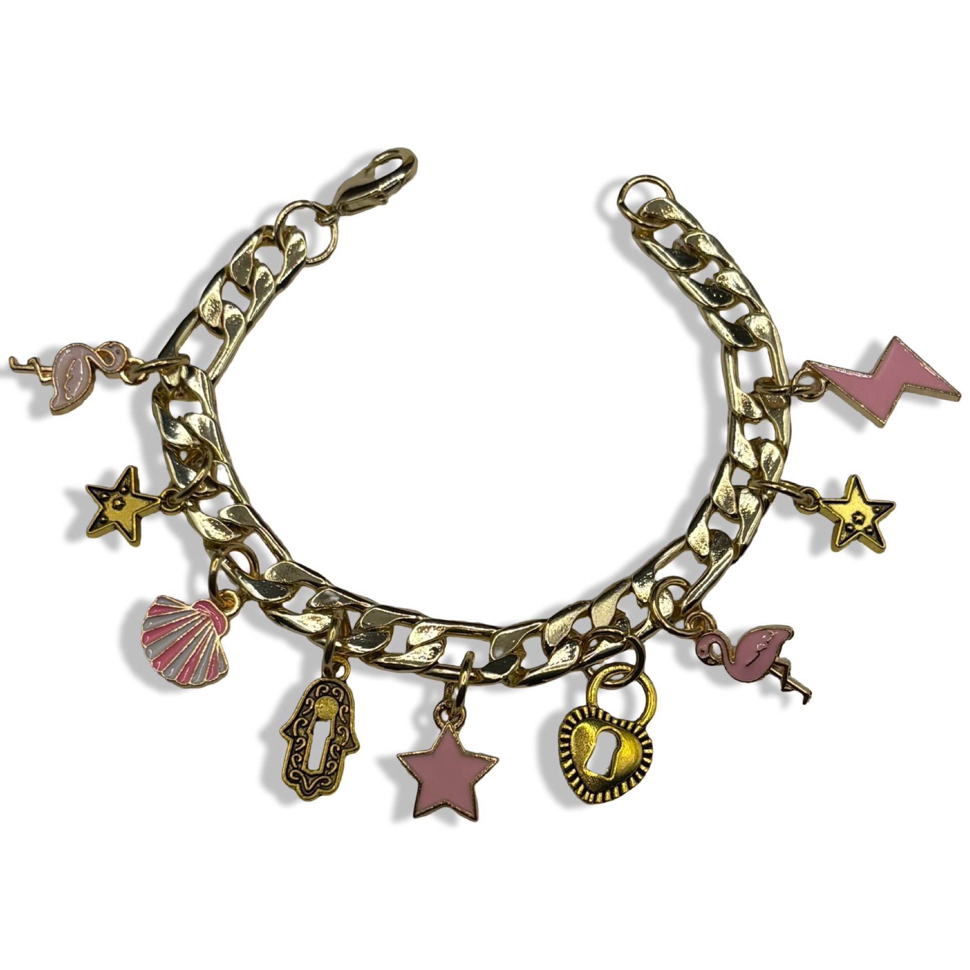 Gold Pink Girlie 🌸Figaro Charm Bracelet