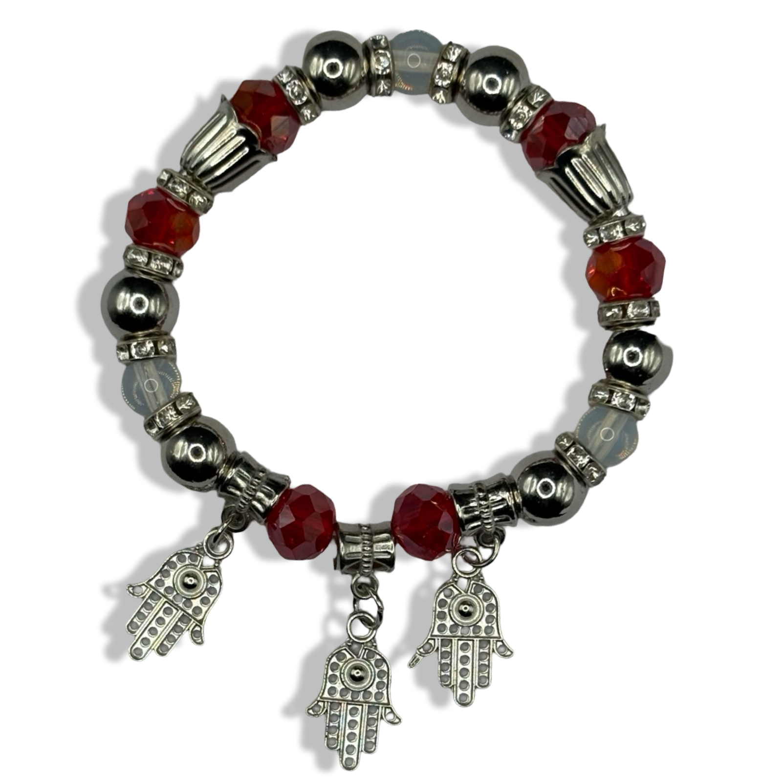 Red & Silver 3 Hamsa Charm Basic Beaded Bracelet