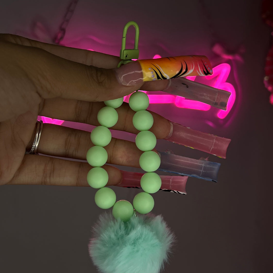 Green Beaded Pom Pom Purse Charm Keychain