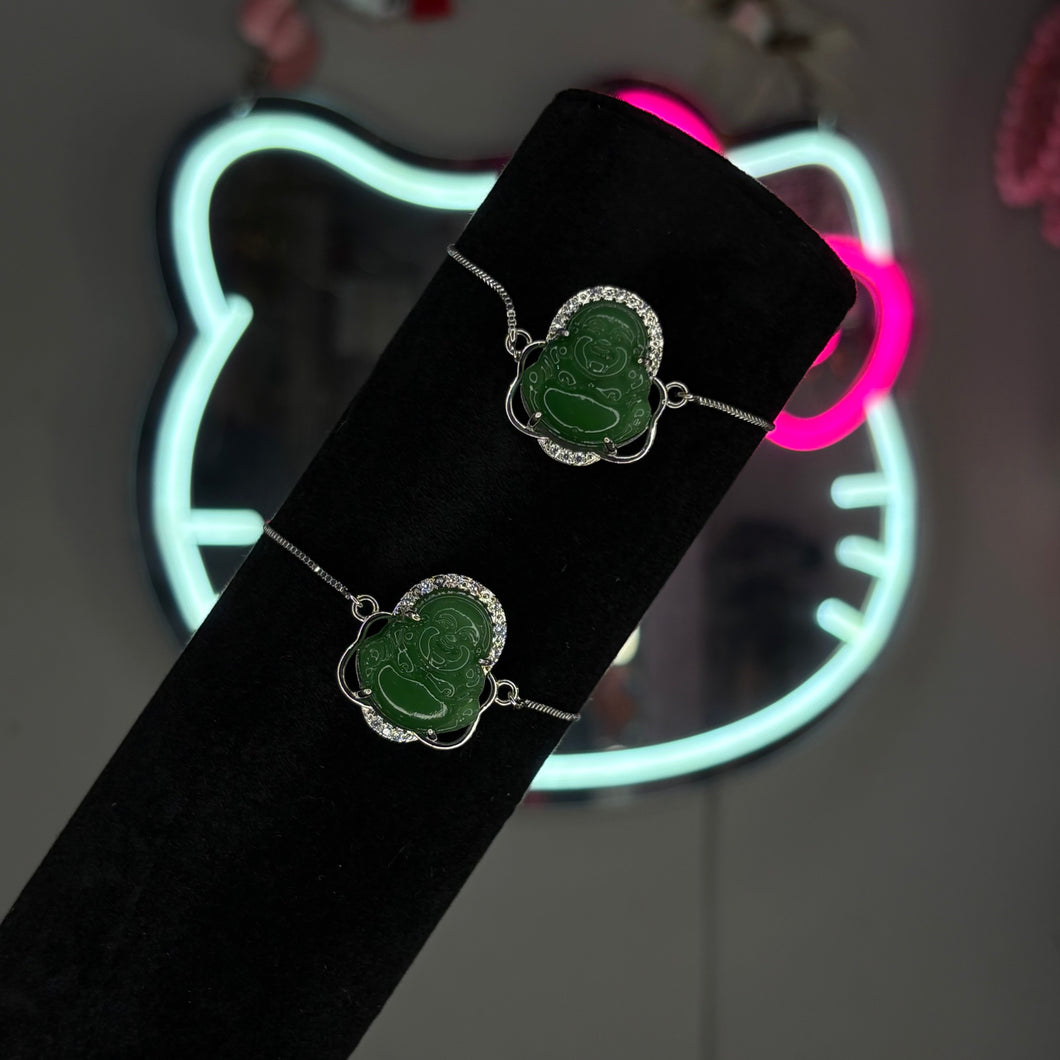 Silver Diamanté Green Buddha Adjustable Tennis Bracelet