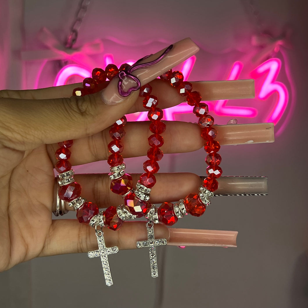 Silver & Red Cross Basic Beaded Bracelet