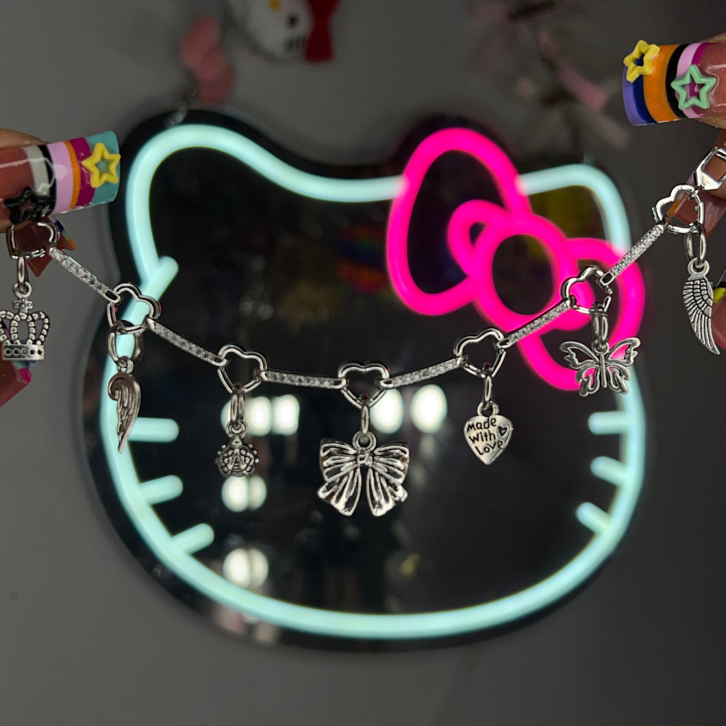Silver Coquette Lover Girl Diamond Charm Bracelet