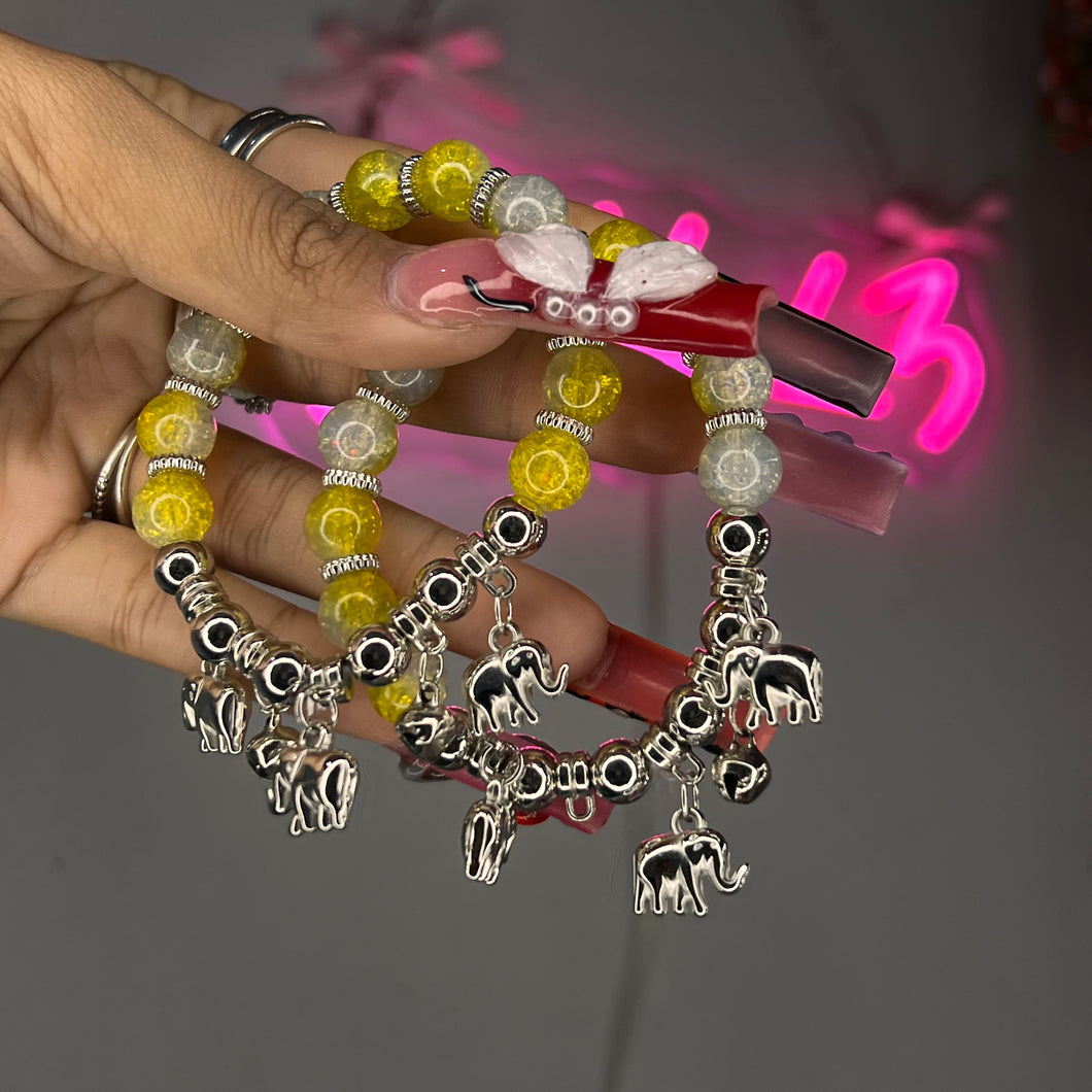 Yellow & Silver 3 Elephant Bell Charm Beaded Bracelet