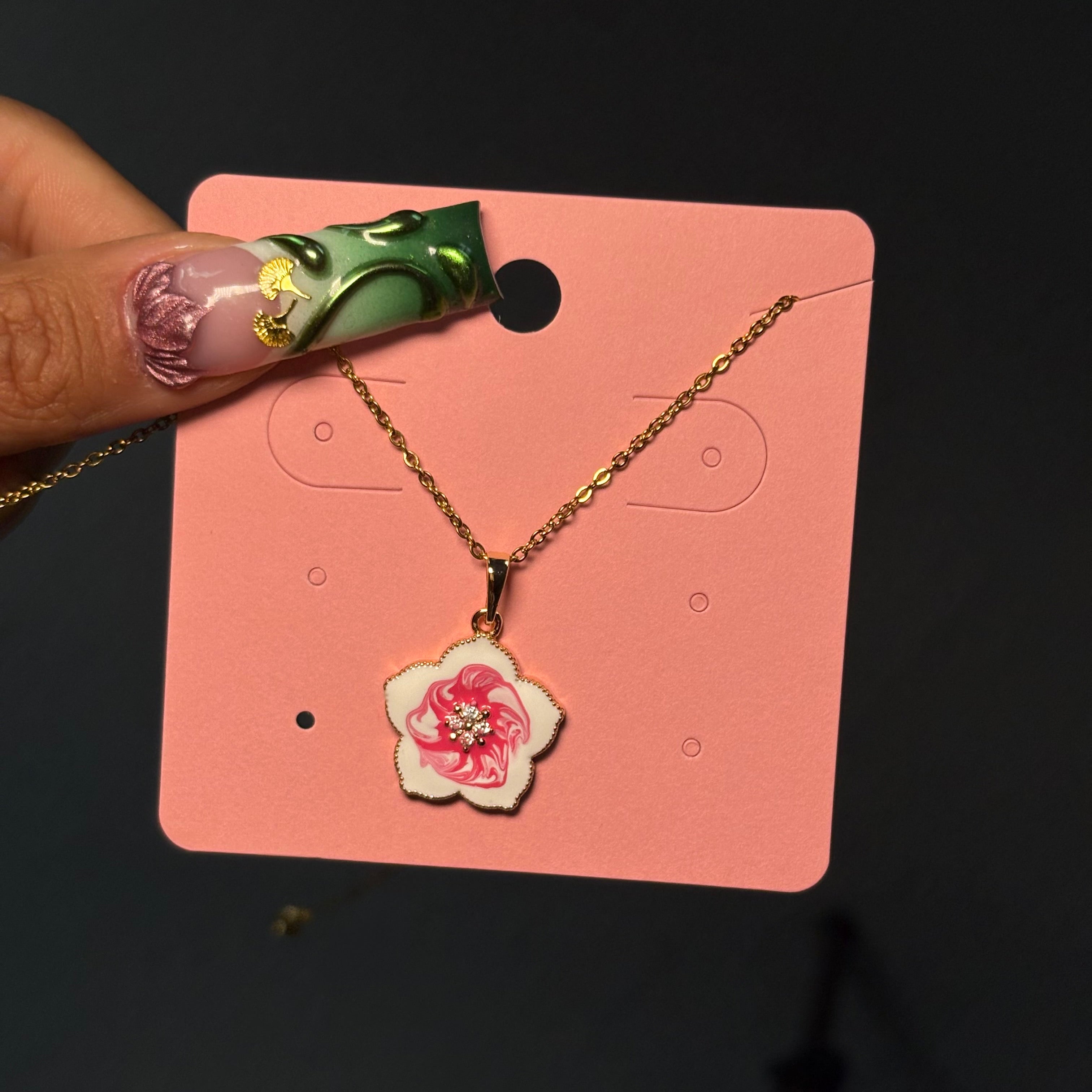 Gold & Pink Camellia Dainty Necklace