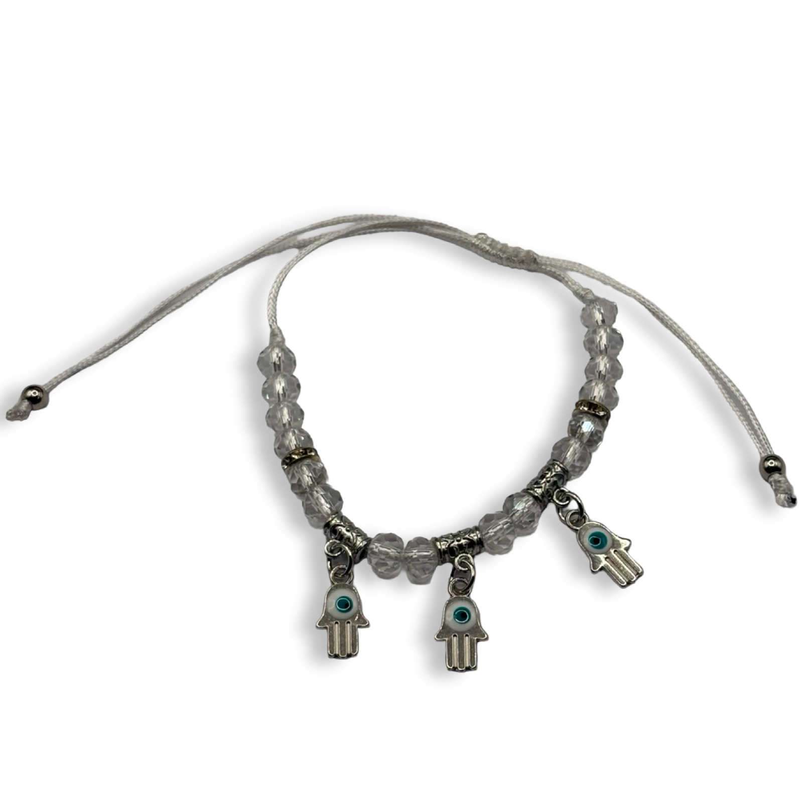 White n Silver 3 Hamsa Charm Adjustable String Bracelet