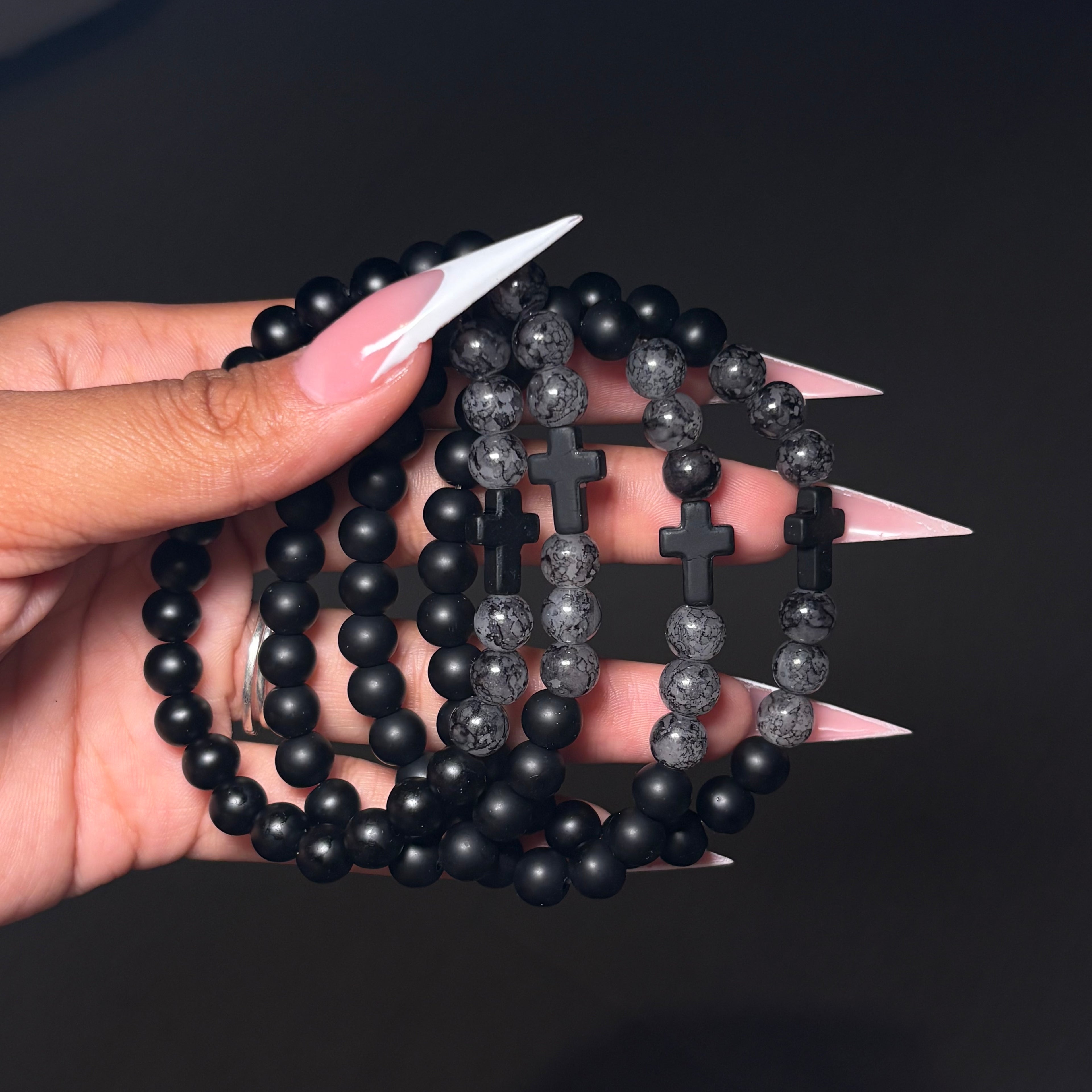 Black & Grey Matte Cross Beaded Bracelet