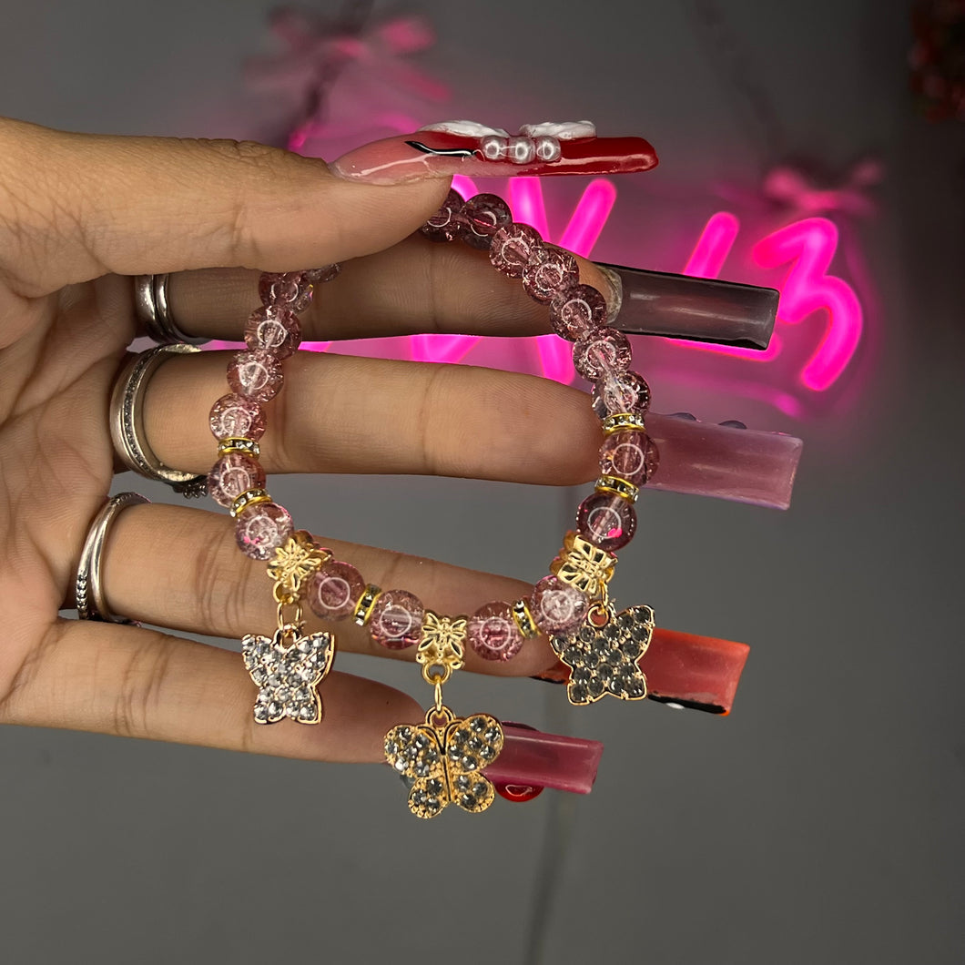 Hot Pink & Gold 3 Butterfly Crackle Beaded Bracelet
