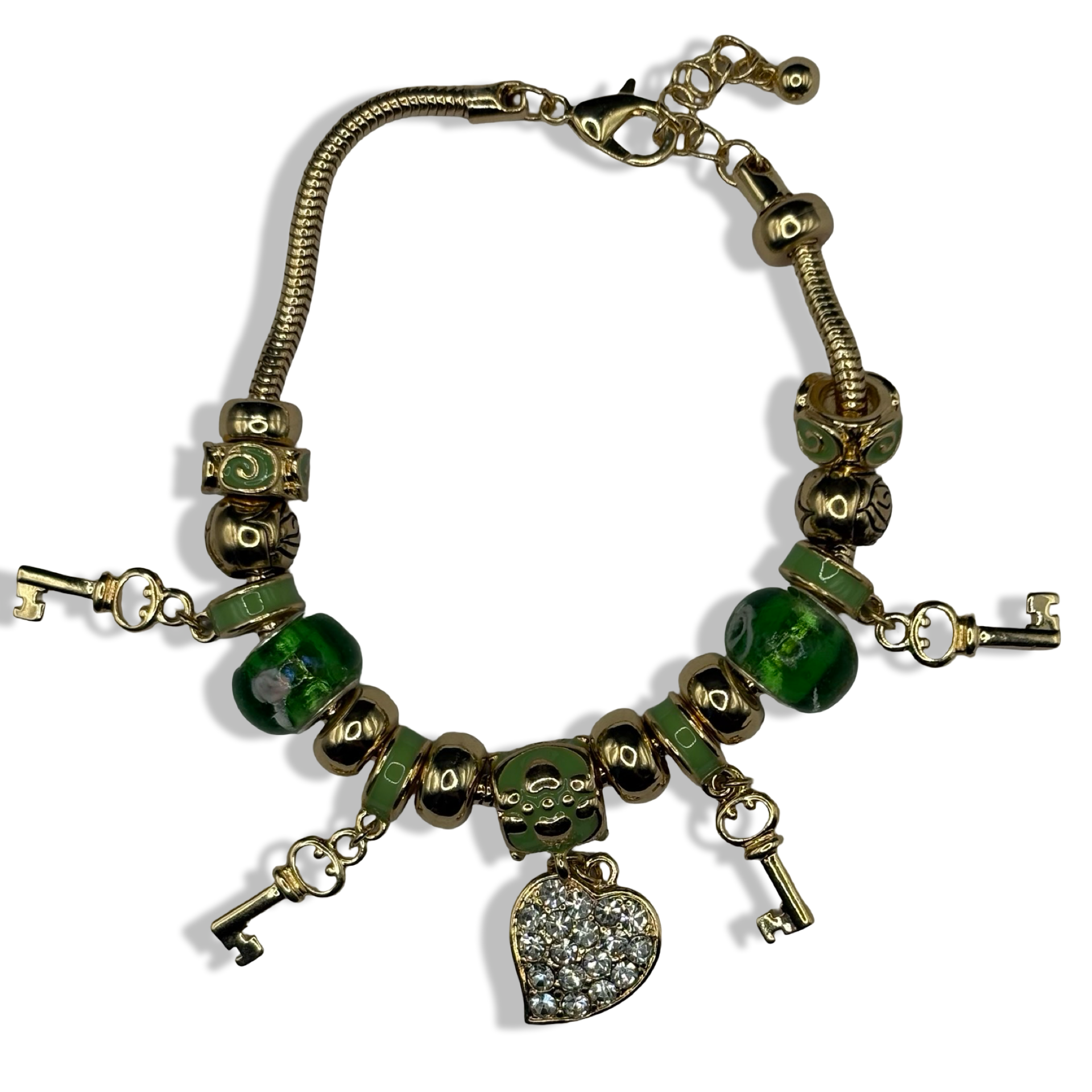 Green￼& Gold Key 222 My Heart Charm Bracelet