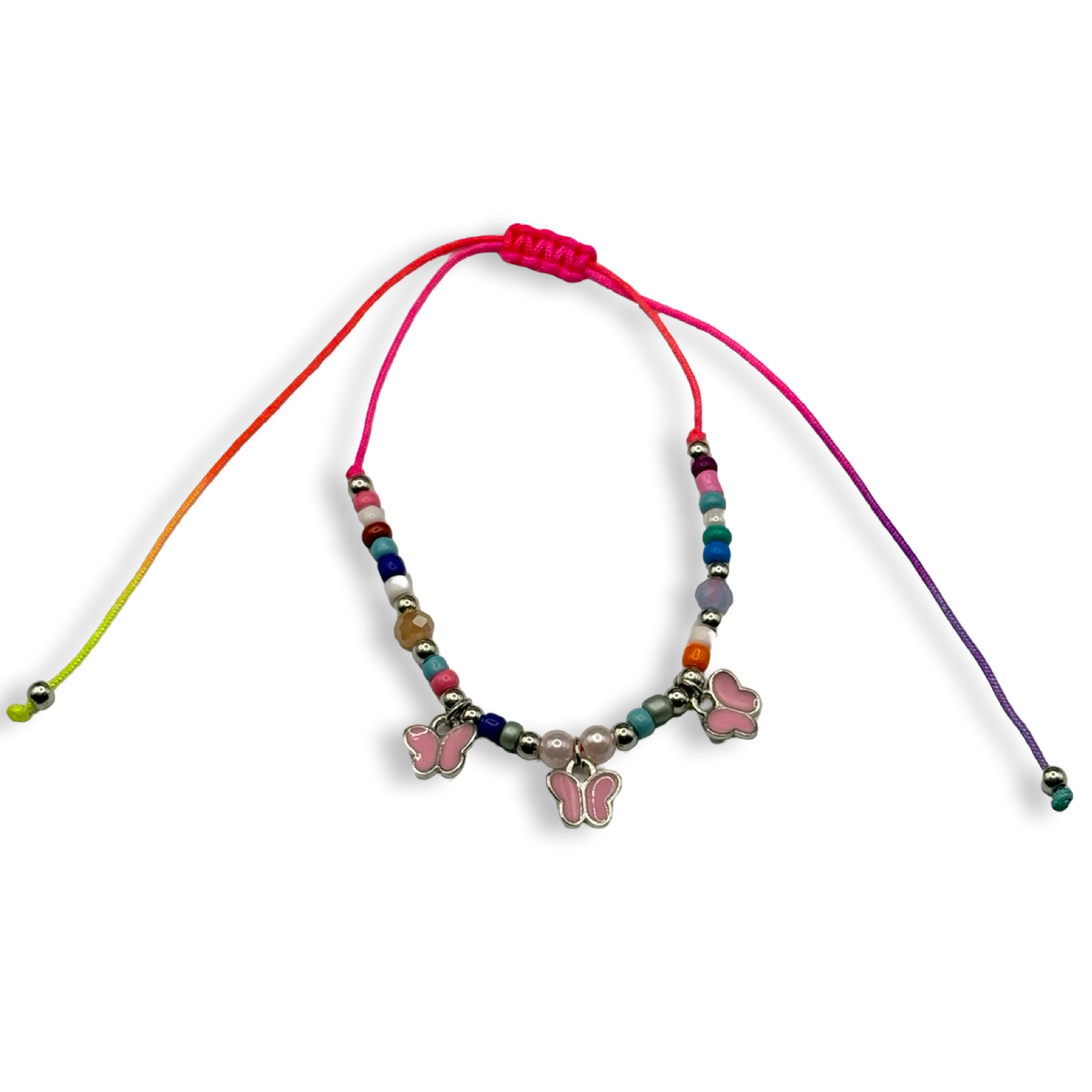 Rainbow n Silver 3 Butterfly Adjustable String Bracelet