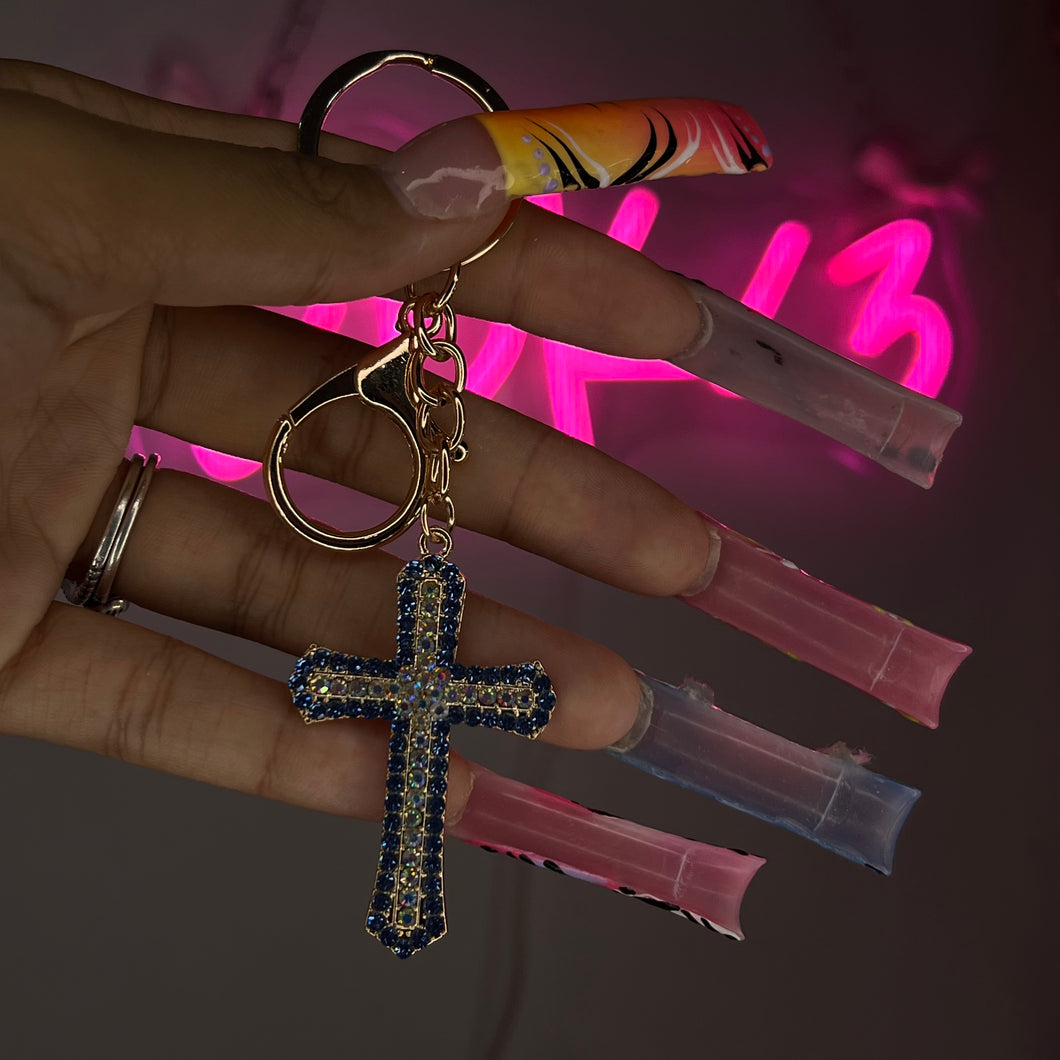 Gold & Blue Diamond Chrome Cross Keychain/PurseCharm