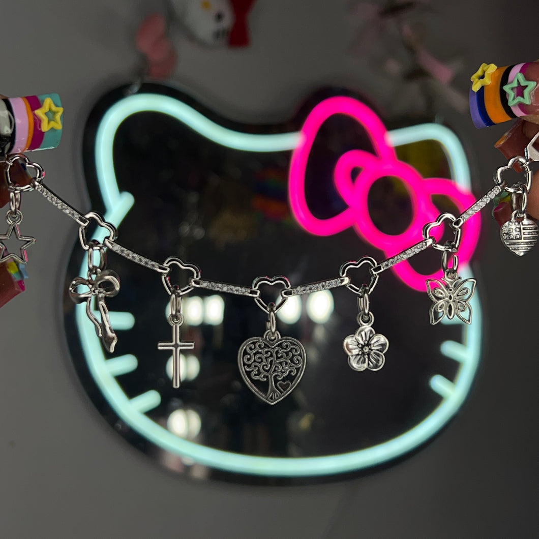 Silver Tree of Love & Life Lover Girl Diamond Charm Bracelet