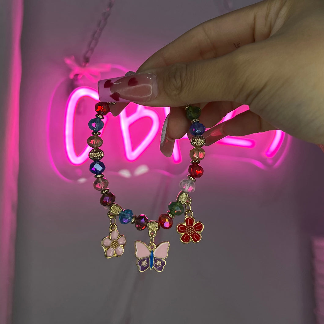 Rainbow Butterfly & Flower 3 Charm Beaded Bracelet