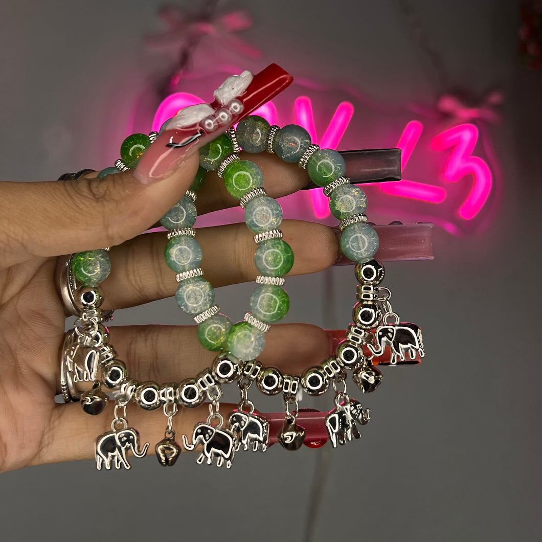 Green & Silver 3 Elephant Bell Charm Beaded Bracelet