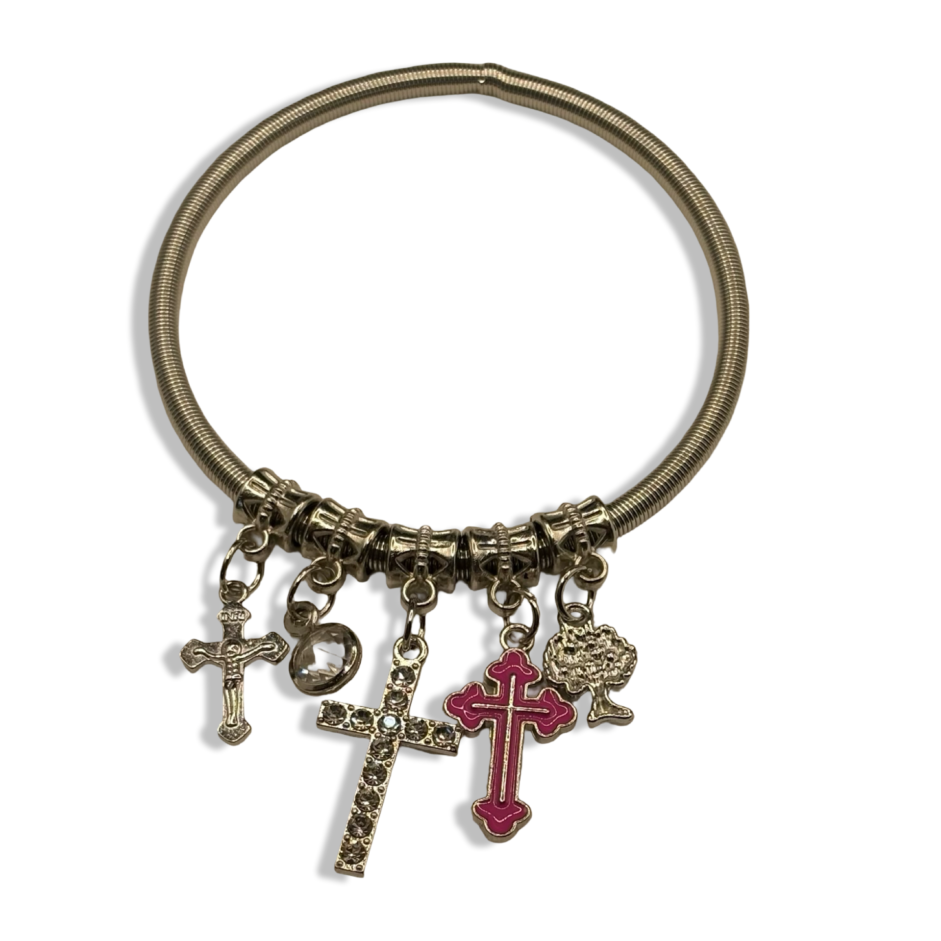 Hot Pink & Silver Cross Spring Charm Bracelet