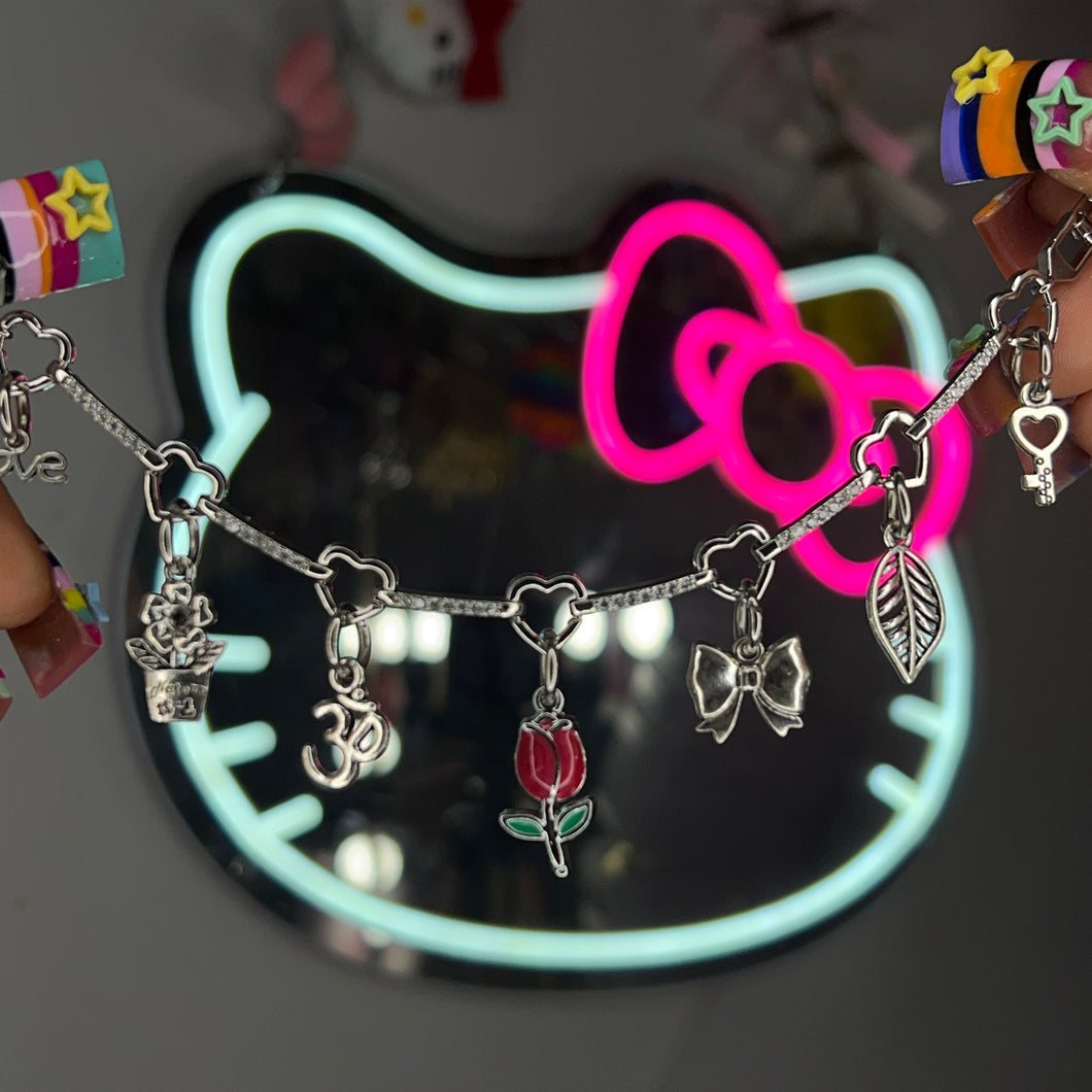 Silver Nature Babe Lover Girl Diamond Charm Bracelet