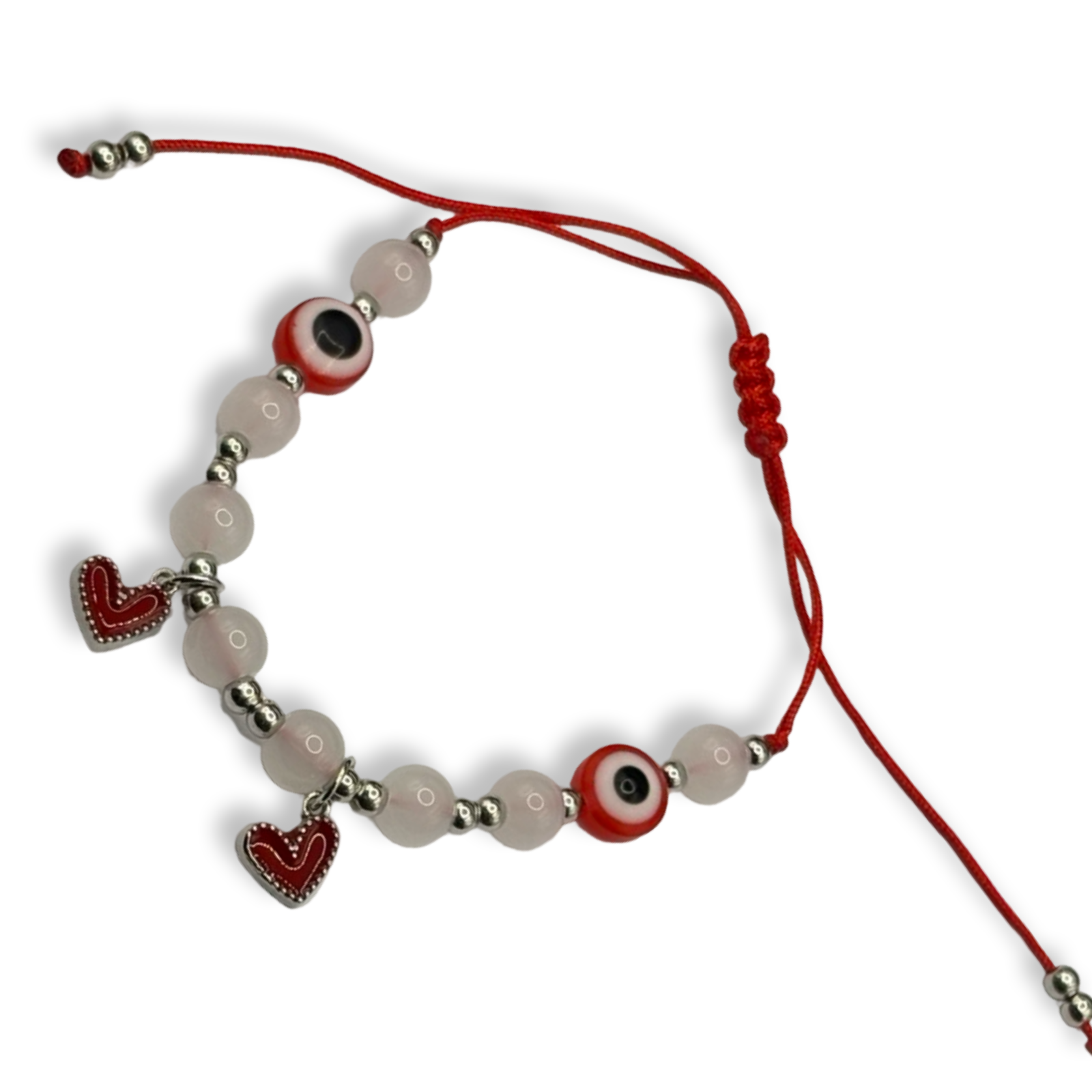 Red & Silver 2 Heart Mal de Ojo Adjustable String Bracelet