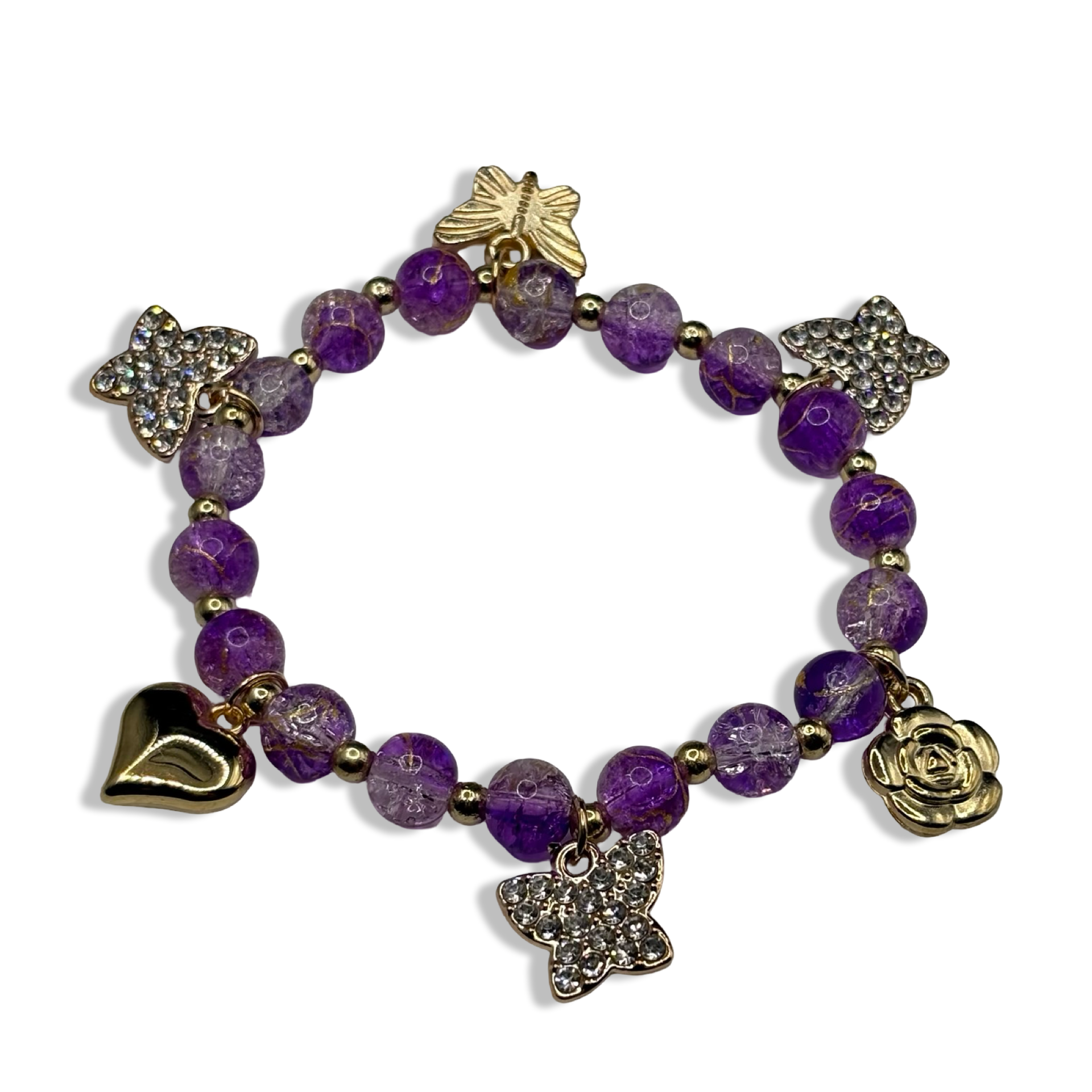 Purple & Gold Crackle Butterfly Beaded Bracelet