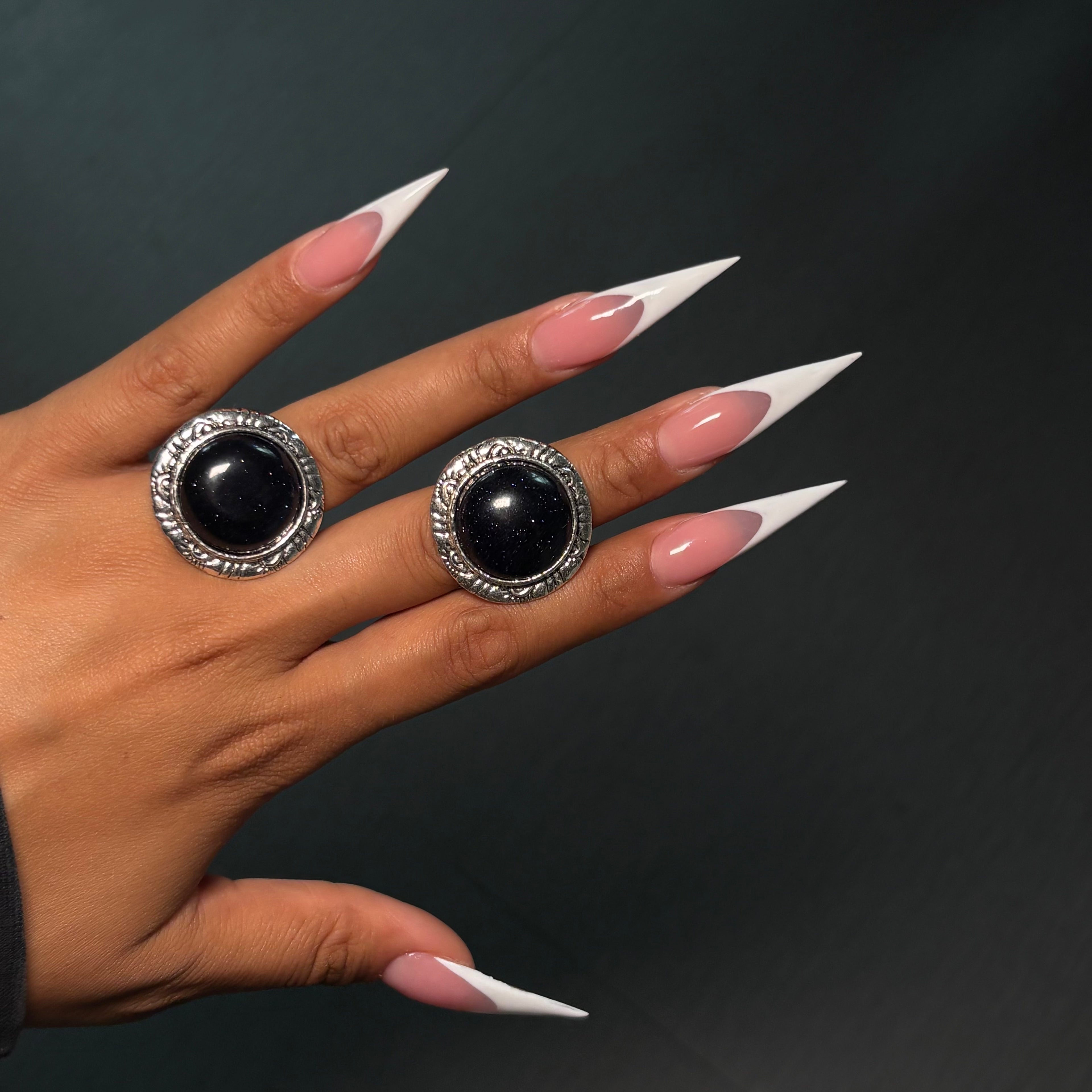 Silver & Black Adjustable Stone Ring