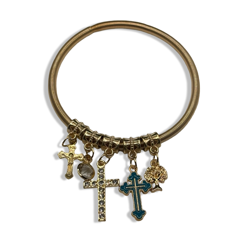 Blue & Gold Cross Spring Charm Bracelet