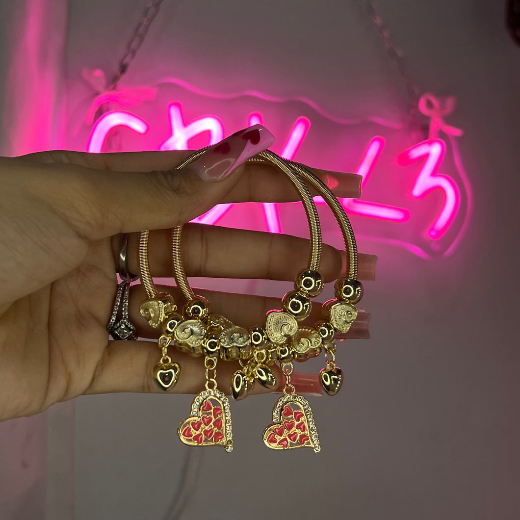 Gold & Hot Pink Valentine Heart Spring Charm Bracelet