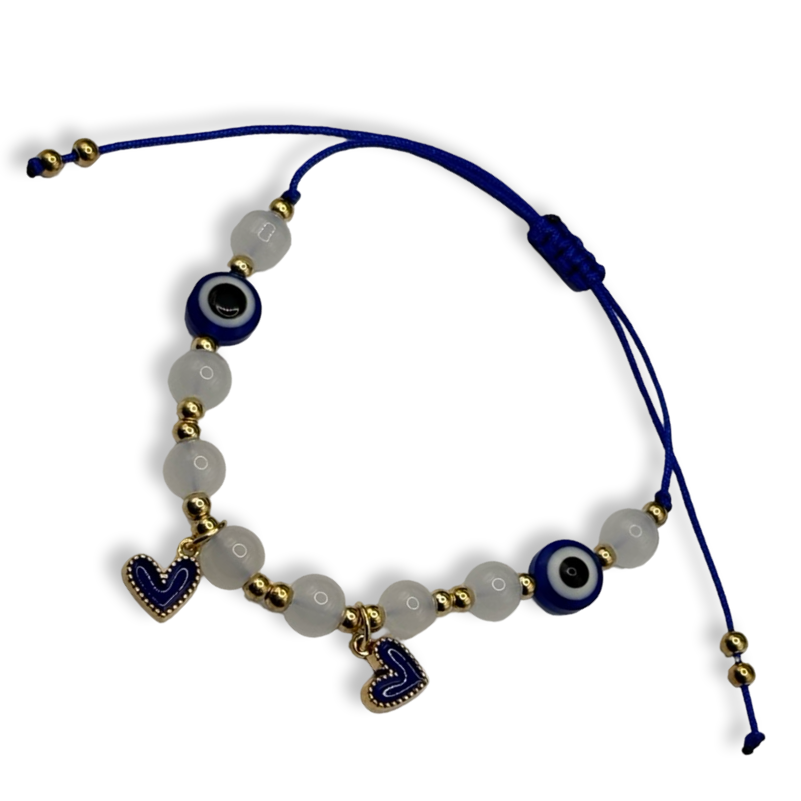 Blue & Gold 2 Heart Mal de Ojo Adjustable String Bracelet