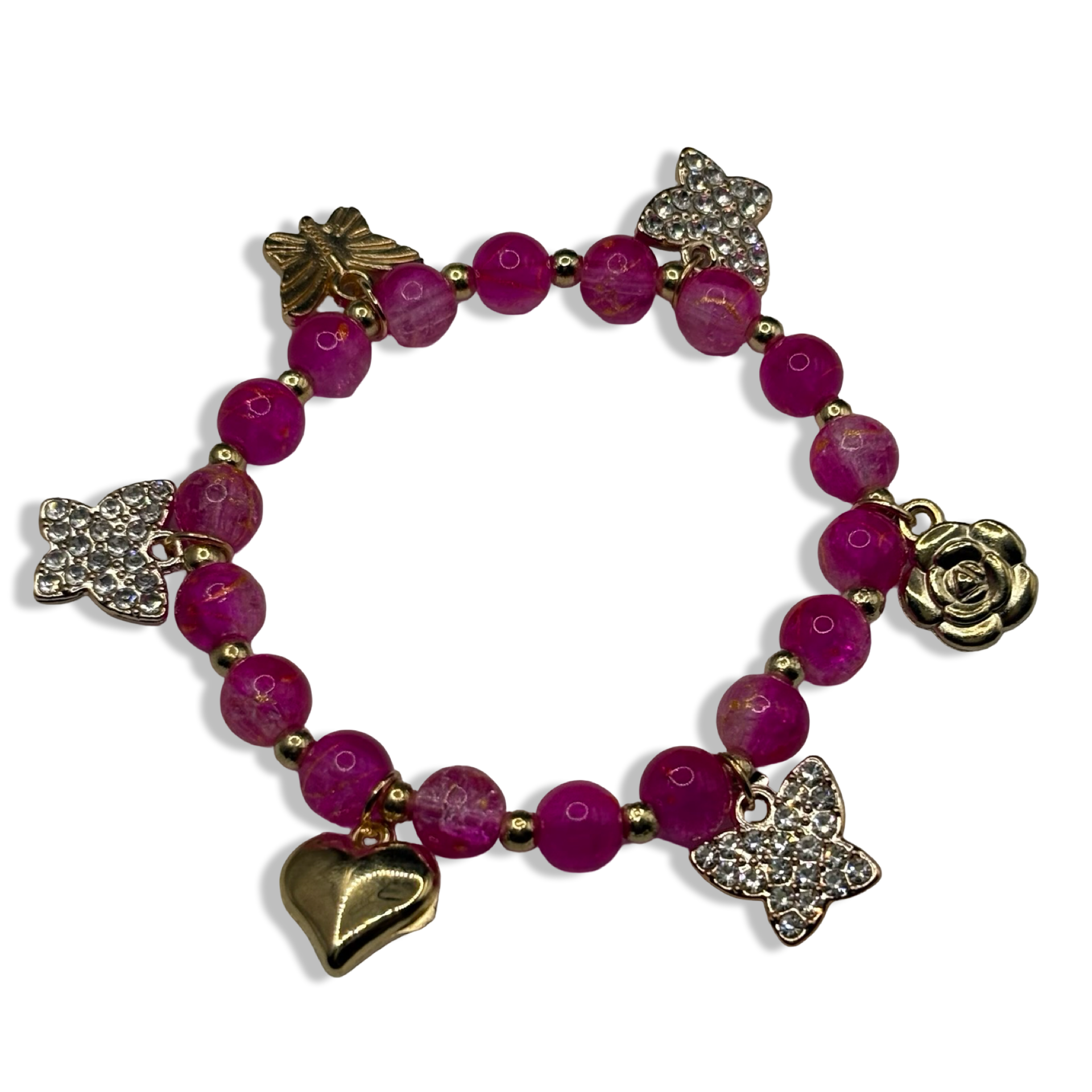 Hot Pink & Gold Crackle Butterfly Beaded Bracelet