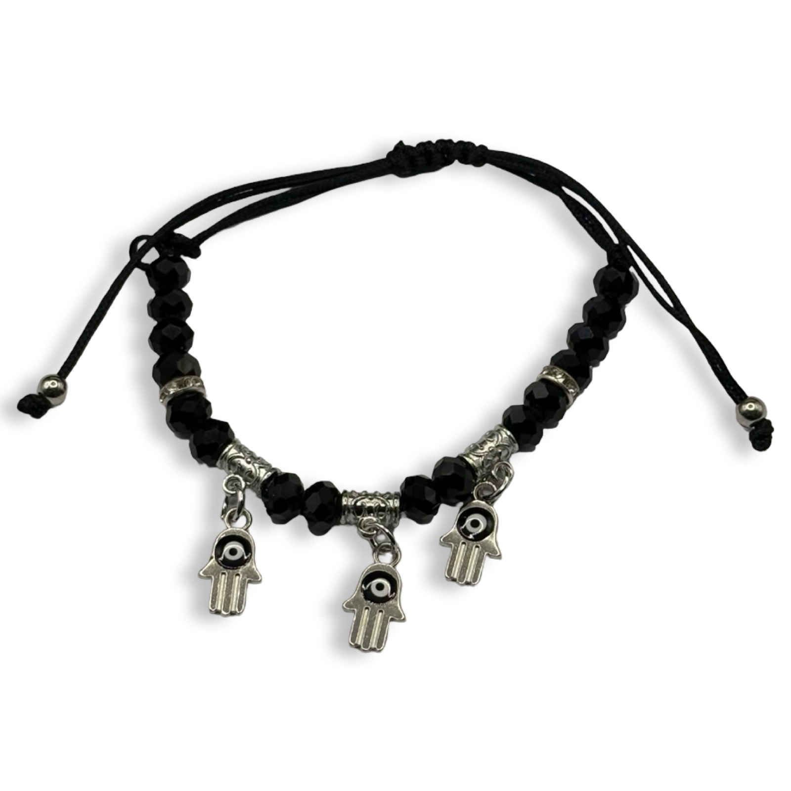 Black n Silver 3 Hamsa Charm Adjustable String Bracelet