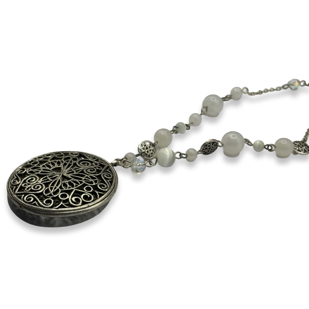 Silver & Milky Quartz XL Pendant Beaded Necklace