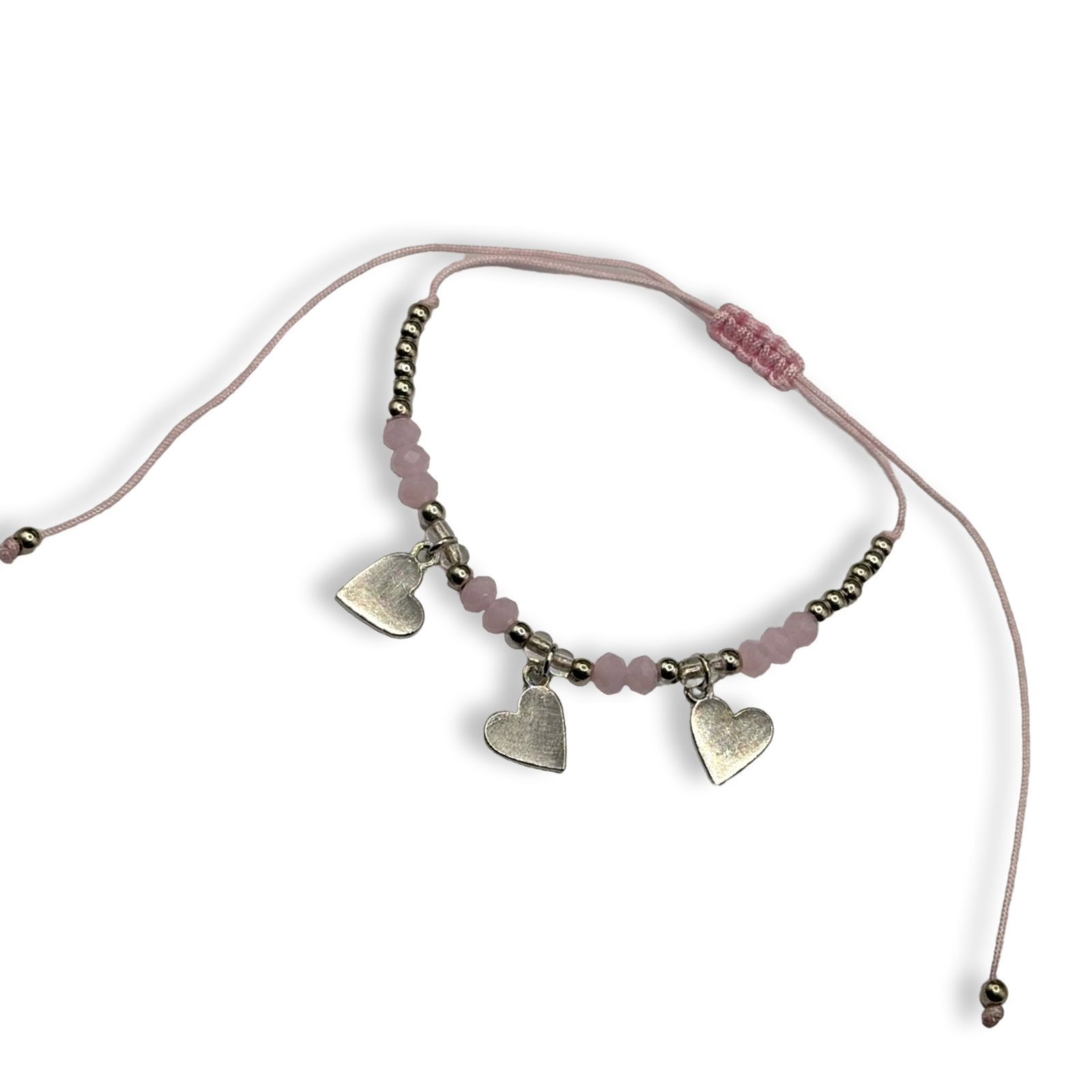 Pink & Silver  3 Hearts Adjustable String Bracelet