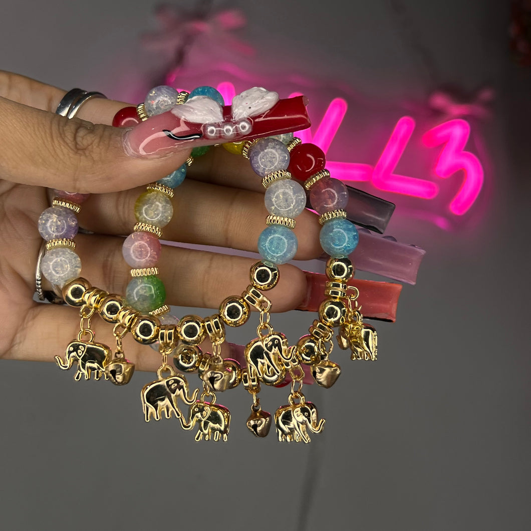 Rainbow & Gold 3 Elephant Bell Charm Beaded Bracelet