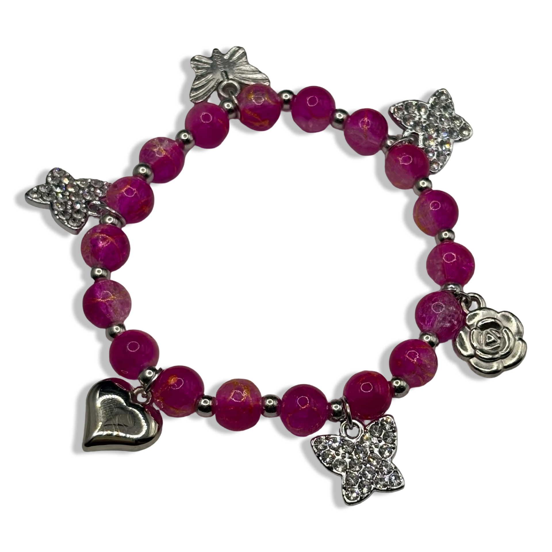 Hot Pink & Silver Crackle Butterfly Beaded Bracelet
