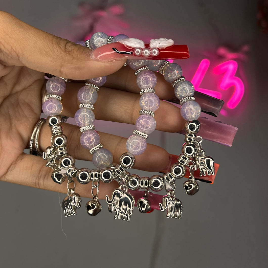 Purple & Silver 3 Elephant Bell Charm Beaded Bracelet