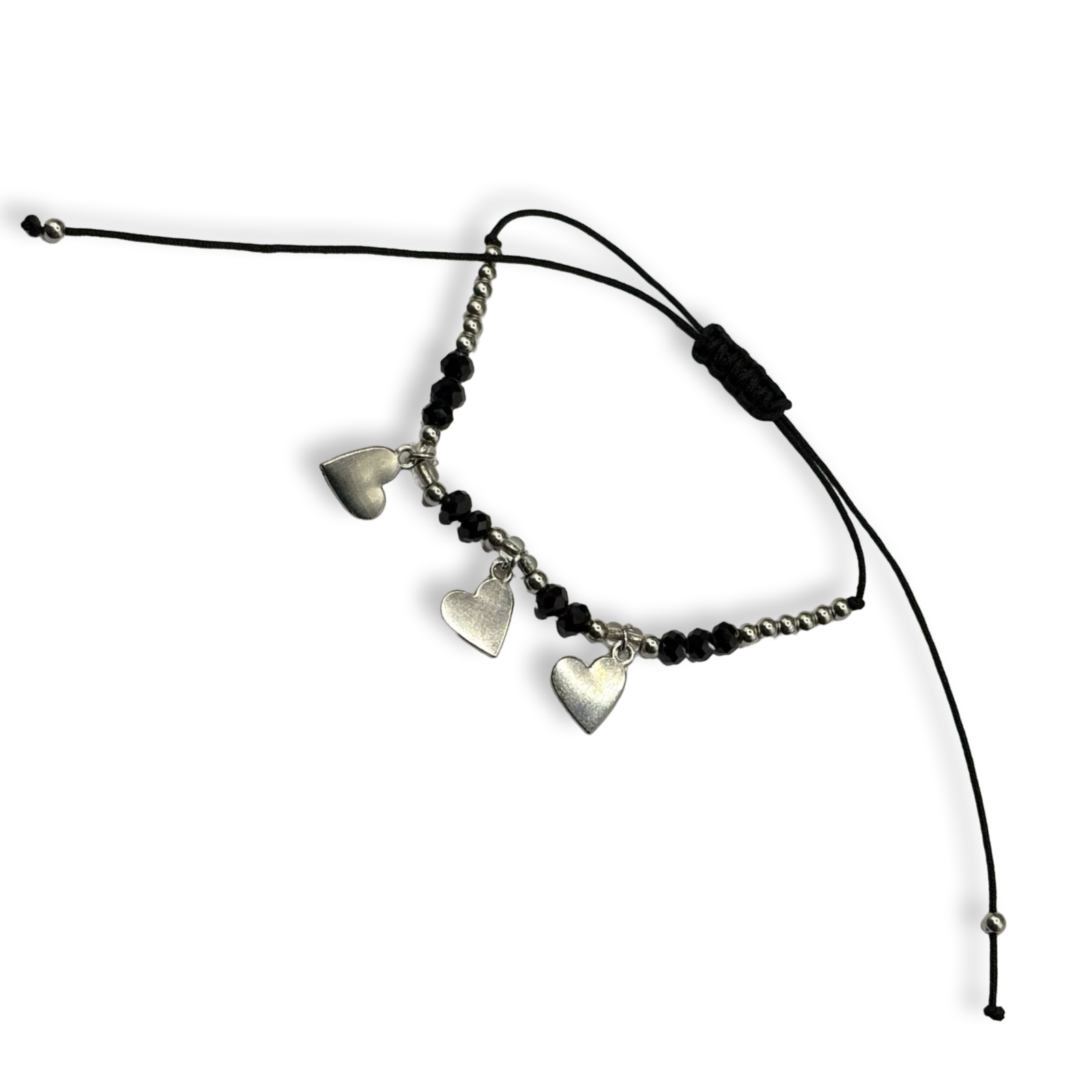 Black & Silver  3 Hearts Adjustable String Bracelet