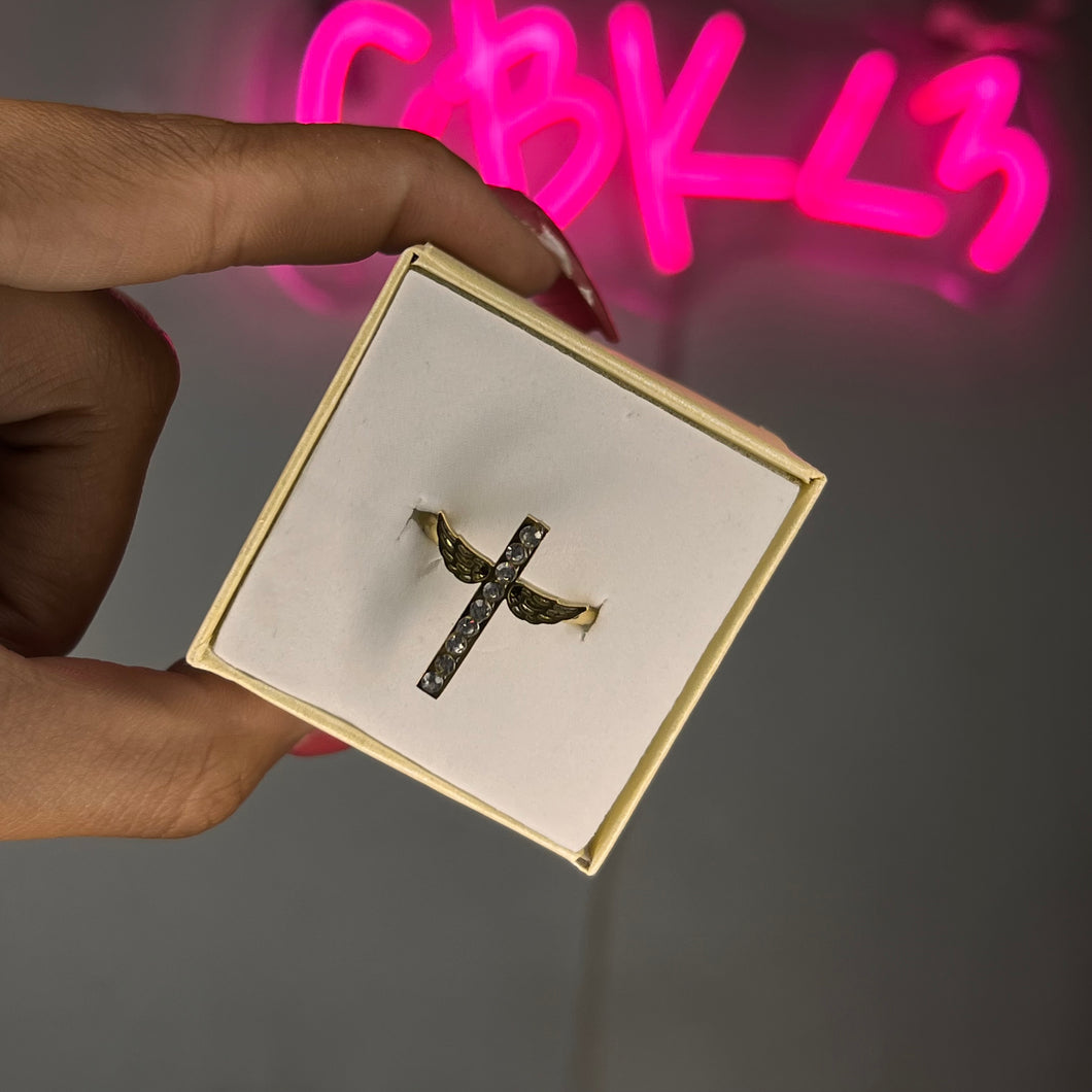 Gold Angel Wings Cross Ring SZ 8