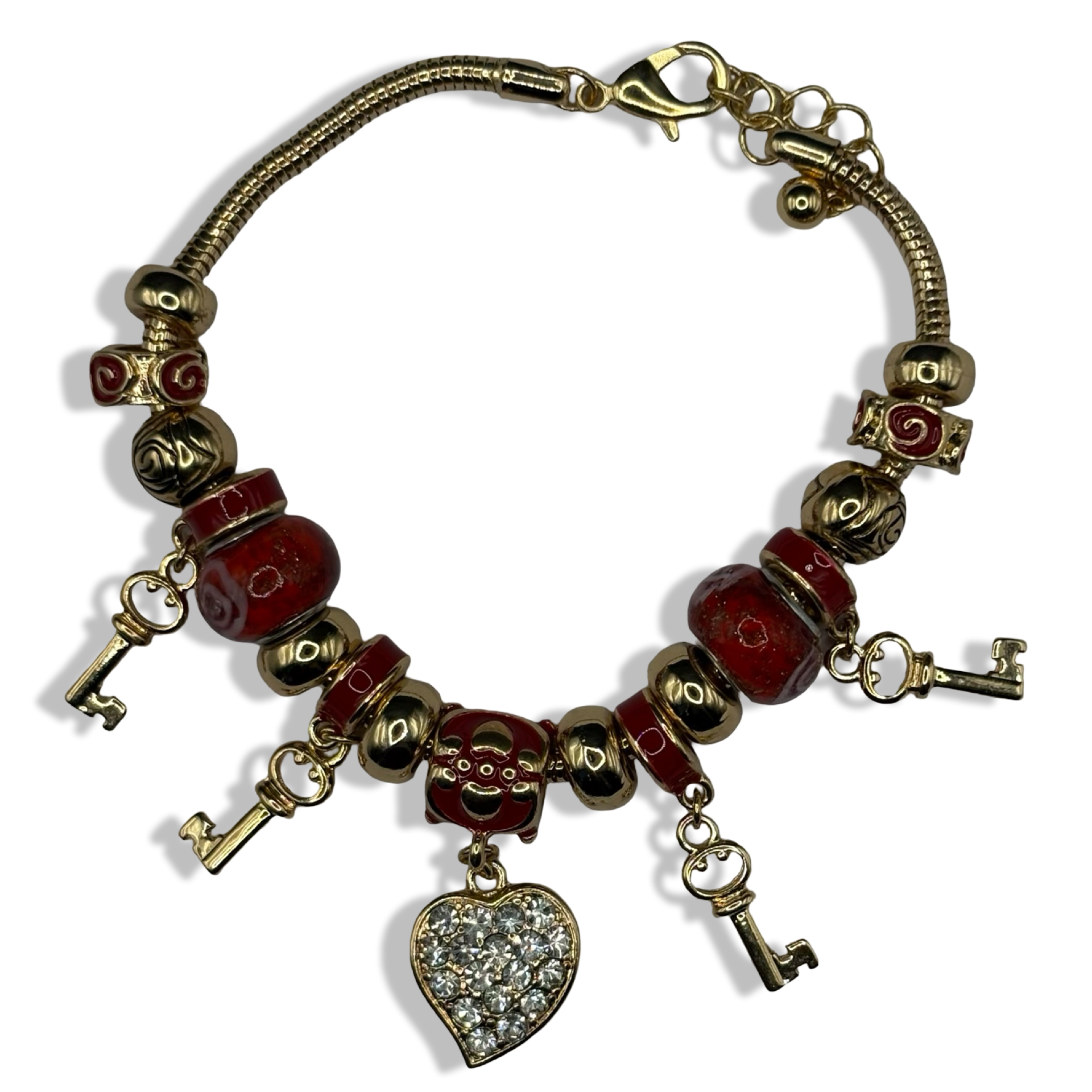 Red & Gold Key 222 My Heart Charm Bracelet