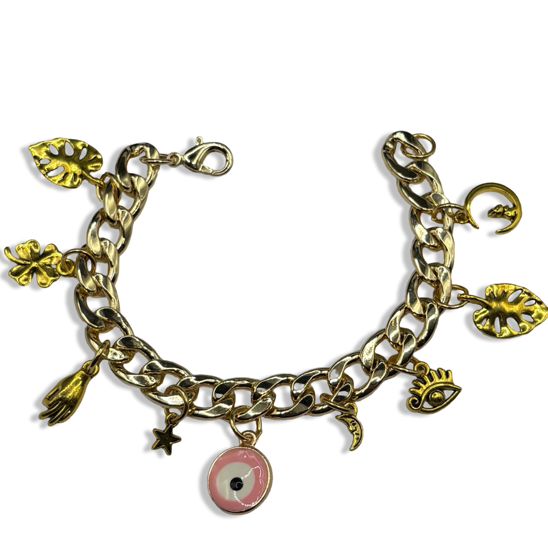 Pink Mal de Ojo Cuban Link Charm Bracelet