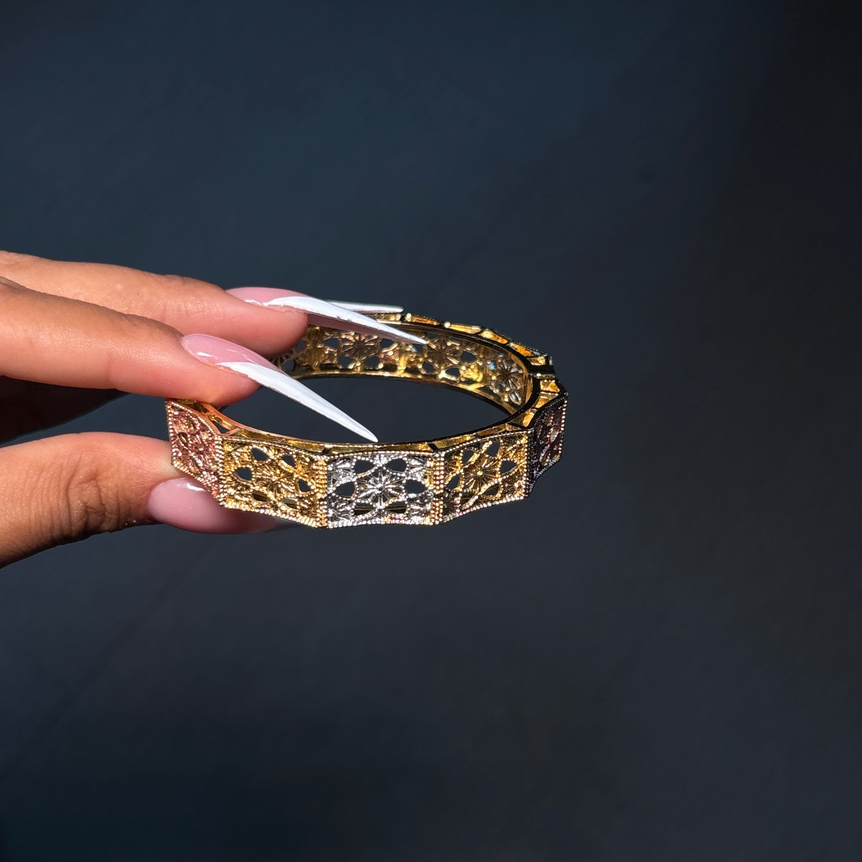 Gold Tri-Tone Starburst Chunky Bangle