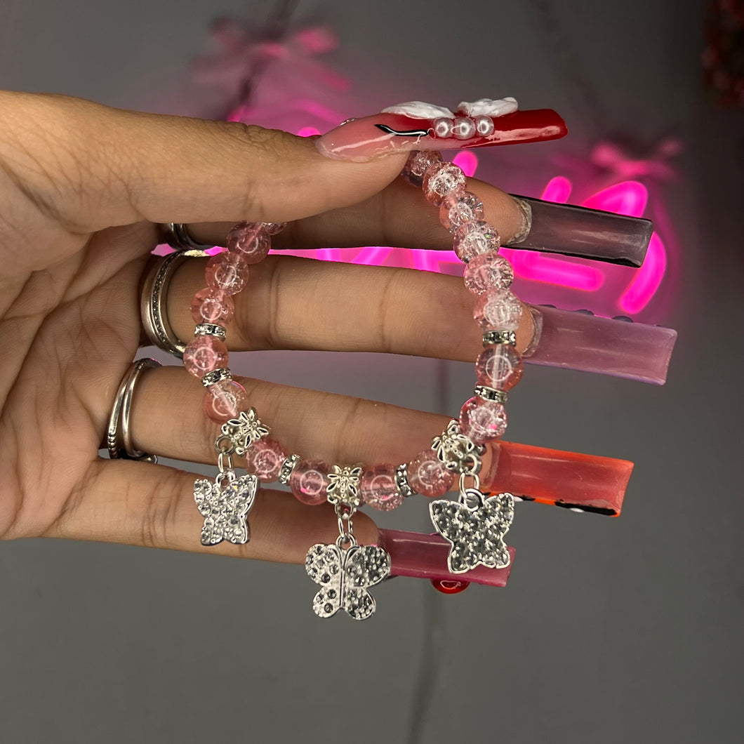 Pink & Silver 3 Butterfly Crackle Beaded Bracelet