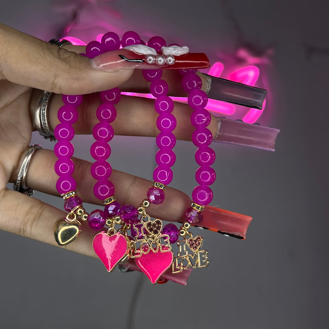 Hot Pink & Gold Lover Charm Beaded Bracelet