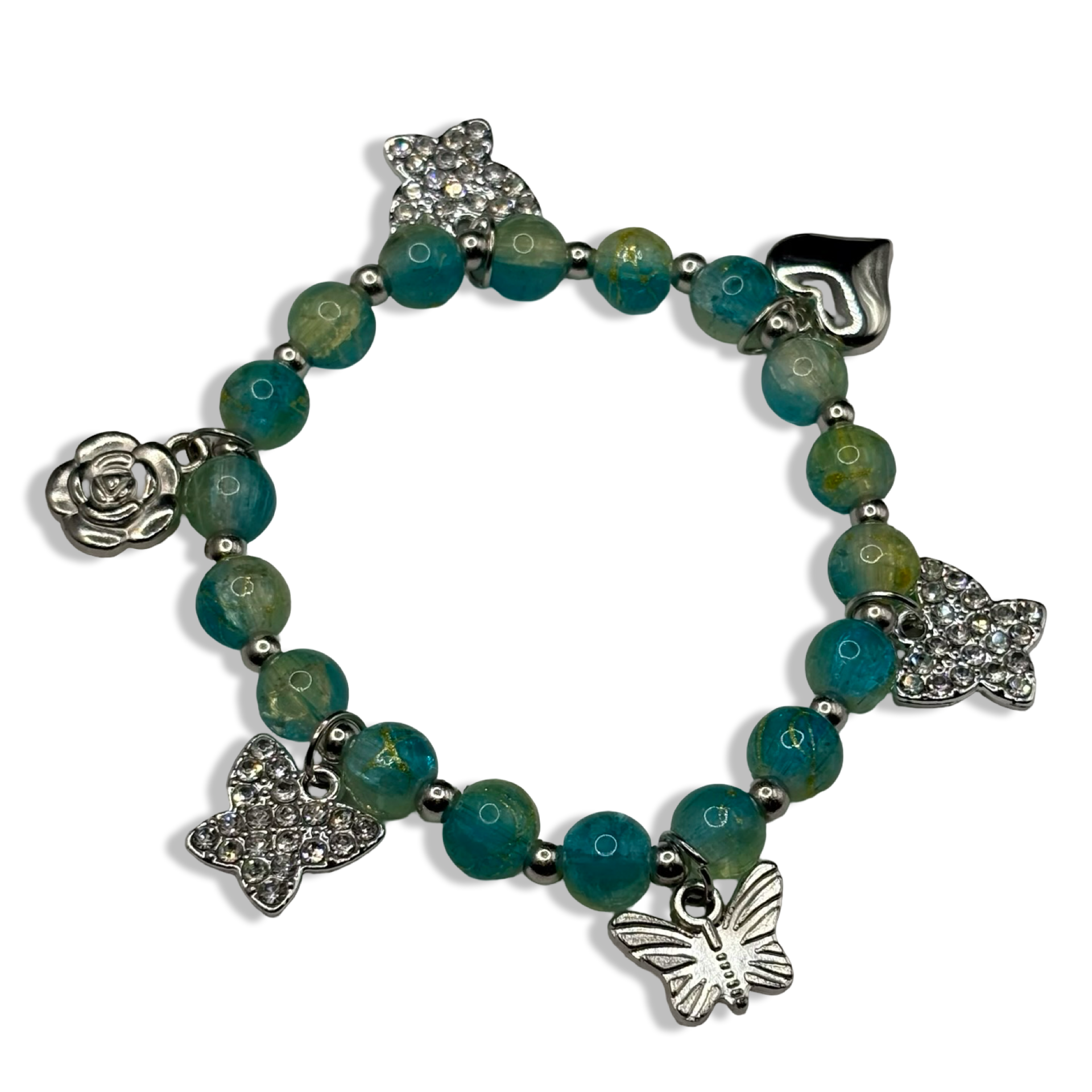 Green& Silver Crackle Butterfly Beaded Bracelet