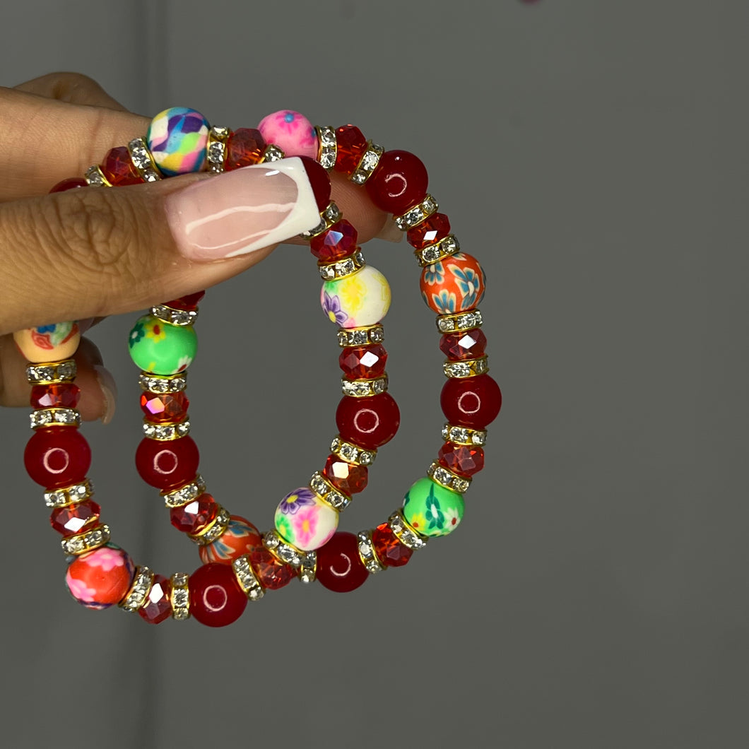 Red Floral Bubble Basic Beaded Bracelet