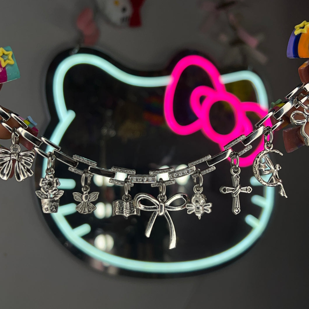 Silver Girlie Bow Diamond Cuban Charm Bracelet