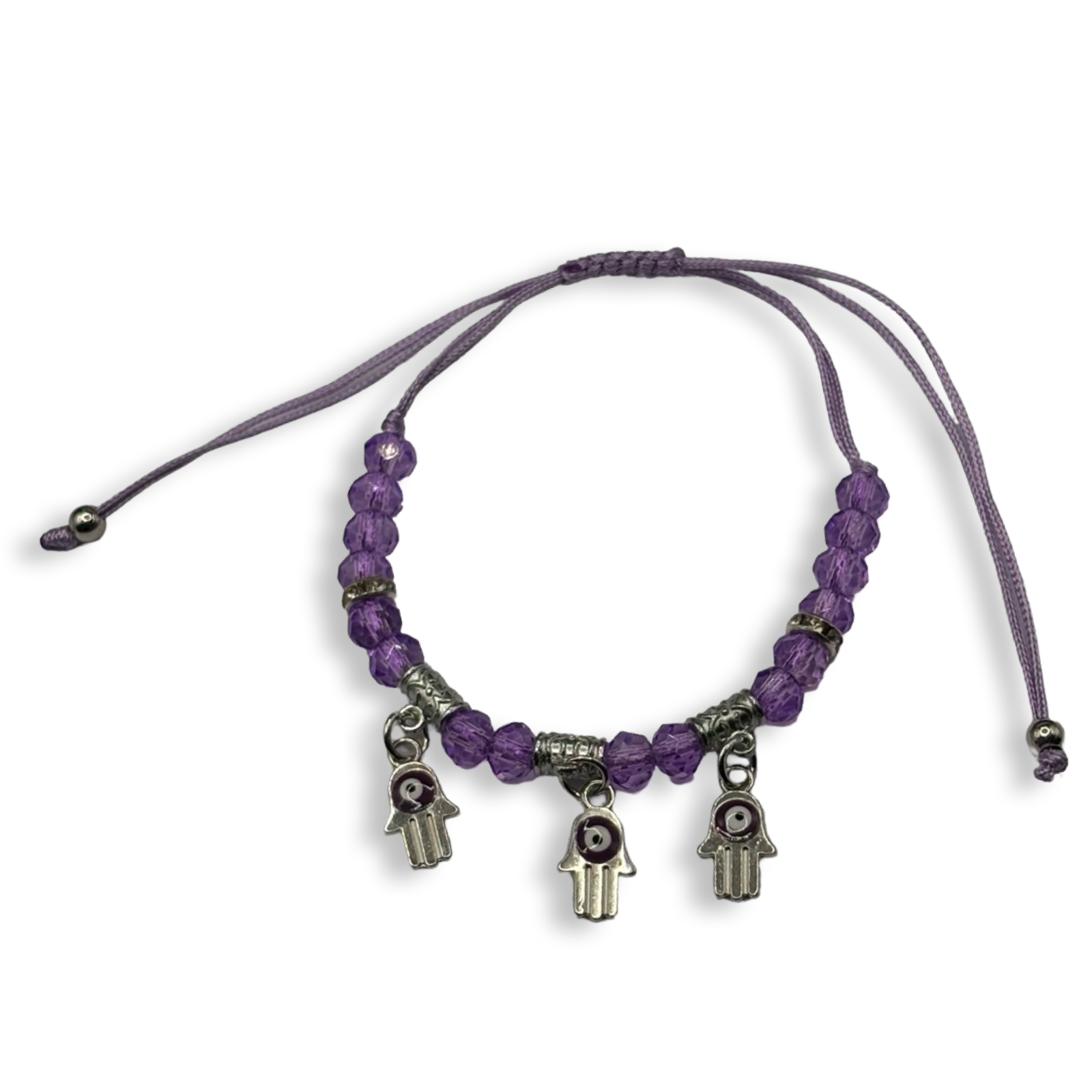 Purple n Silver 3 Hamsa Charm Adjustable String Bracelet