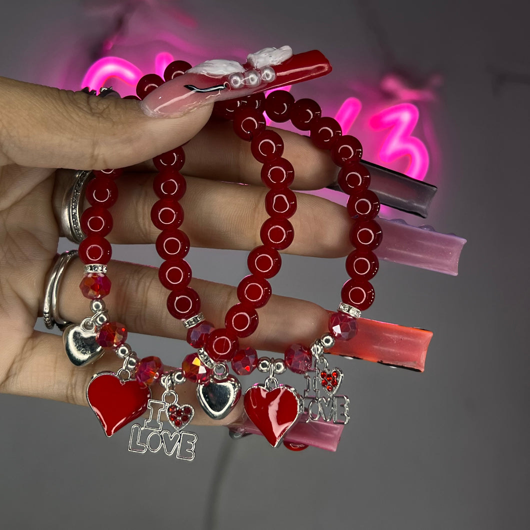 Silver & Red Lover Charm Beaded Bracelet