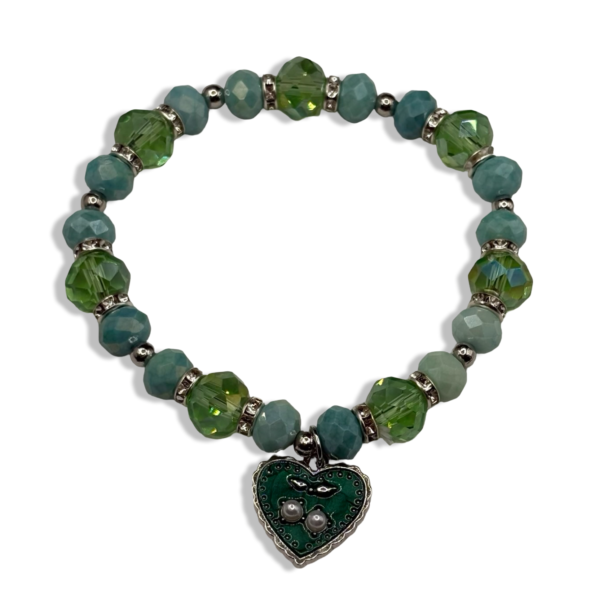 Green & Silver Cherry Luver Beaded Bracelet