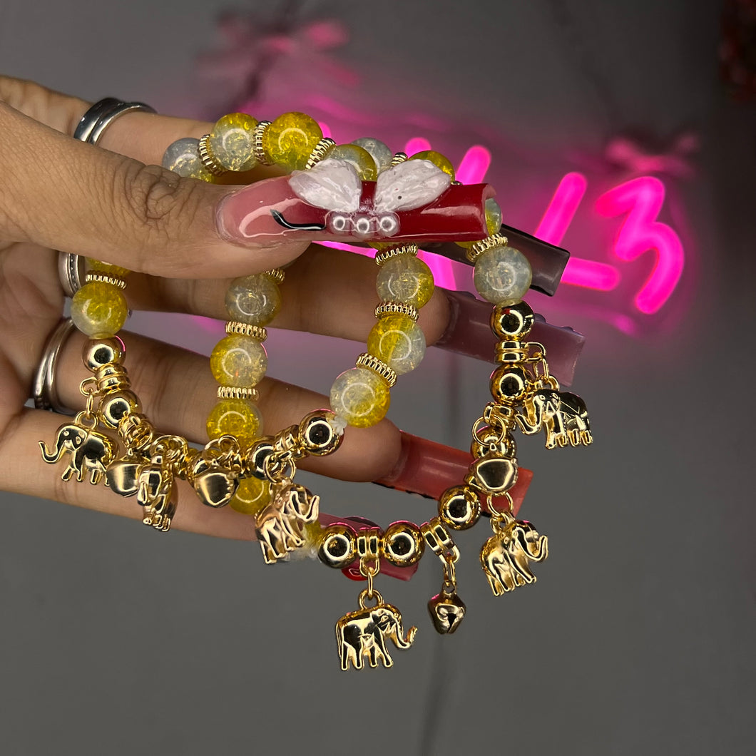 Yellow & Gold 3 Elephant Bell Charm Beaded Bracelet