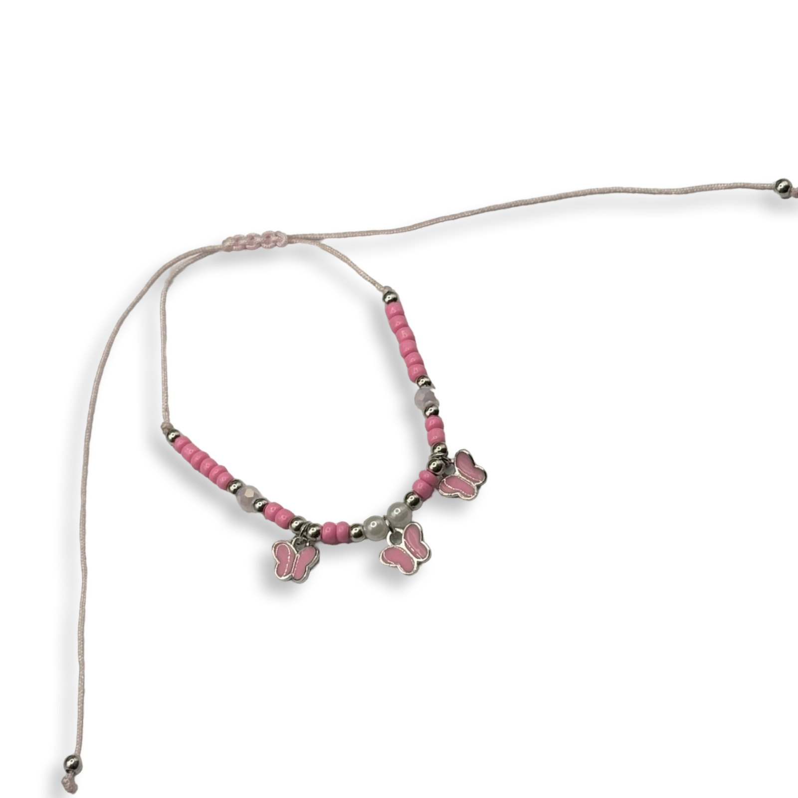 Pink n Silver 3 Butterfly Adjustable String Bracelet