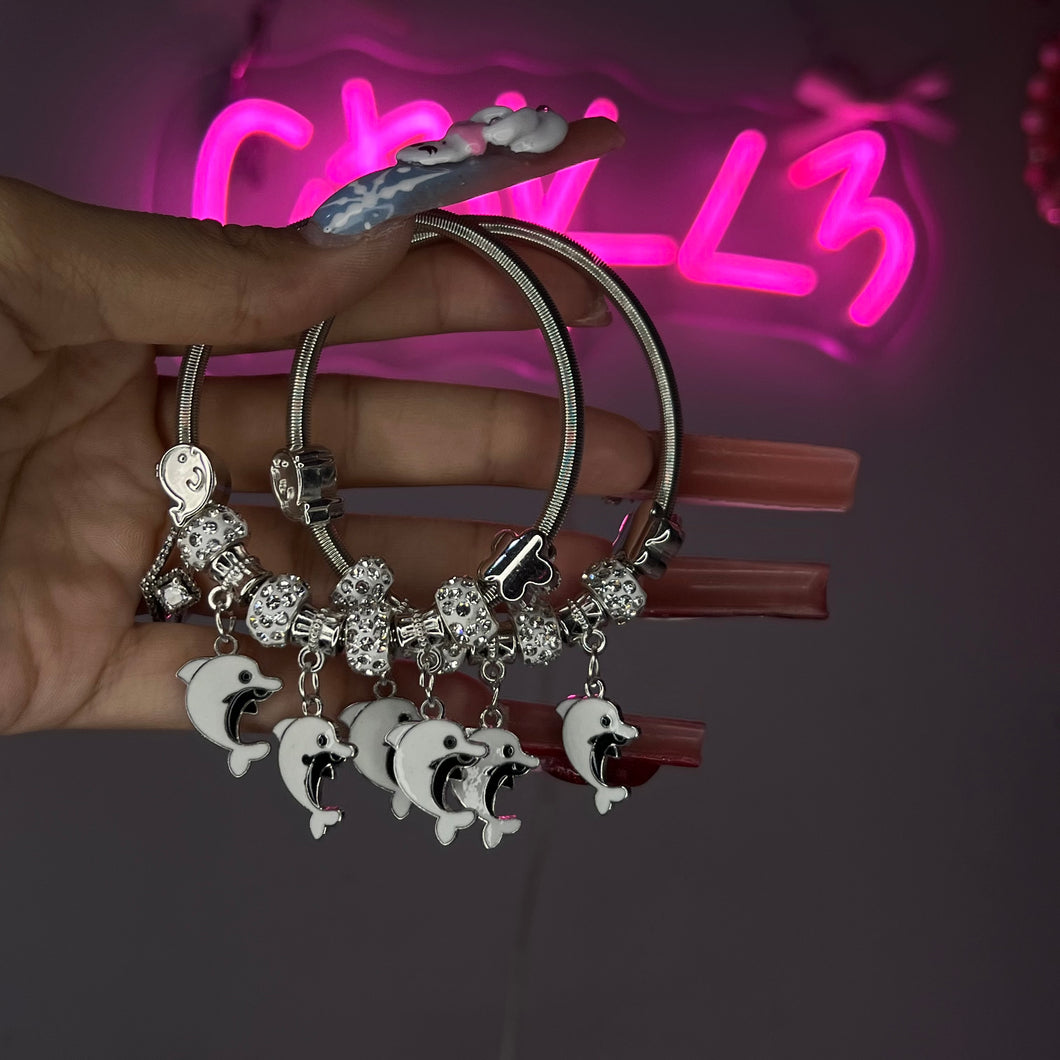 White 3 Dolphin Spring Charm Bracelet