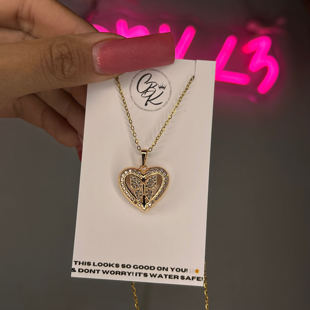 Gold Diamond Mini Butterfly Heart Necklace