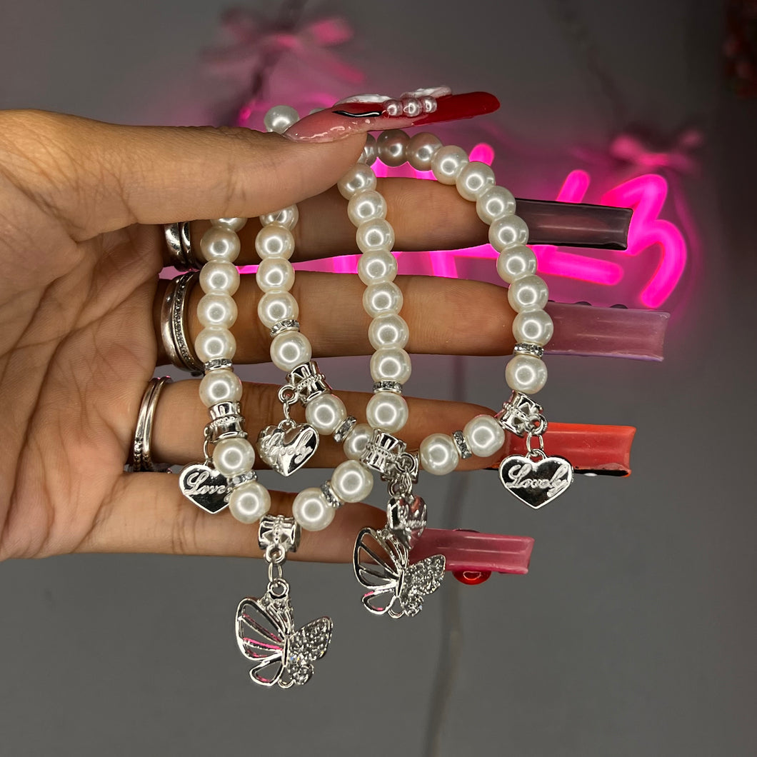 Silver Pearlita Butterfly Heart 3 Charm Beaded Bracelet
